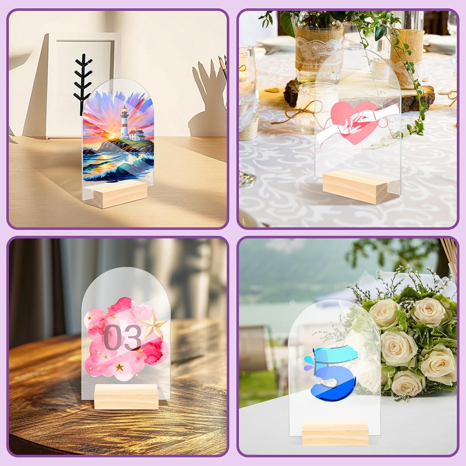 Bercoor 5 Pack 4x6 Inch Clear Arch Acrylic Signs with Wood Stands