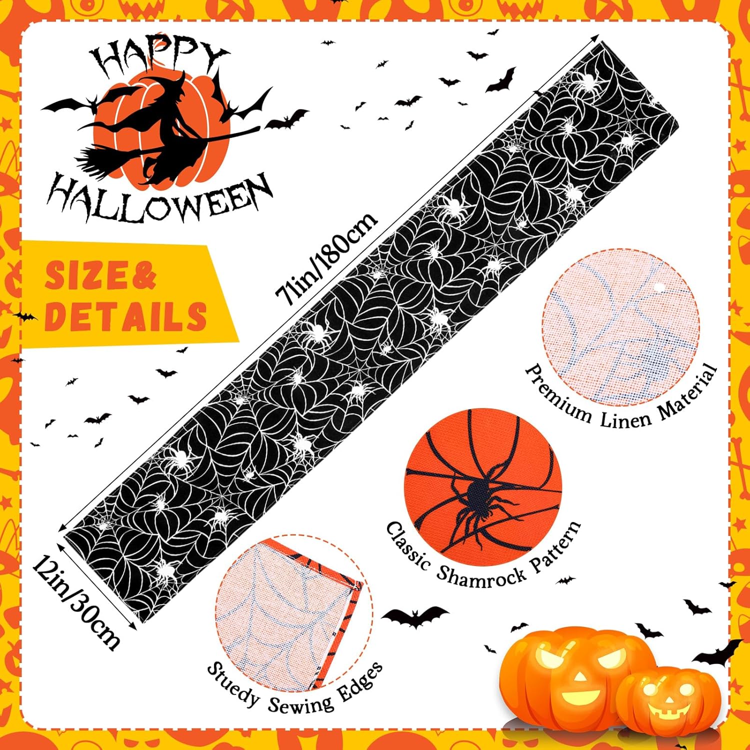 3 Pcs Halloween Table Runner Linen Cobweb Design