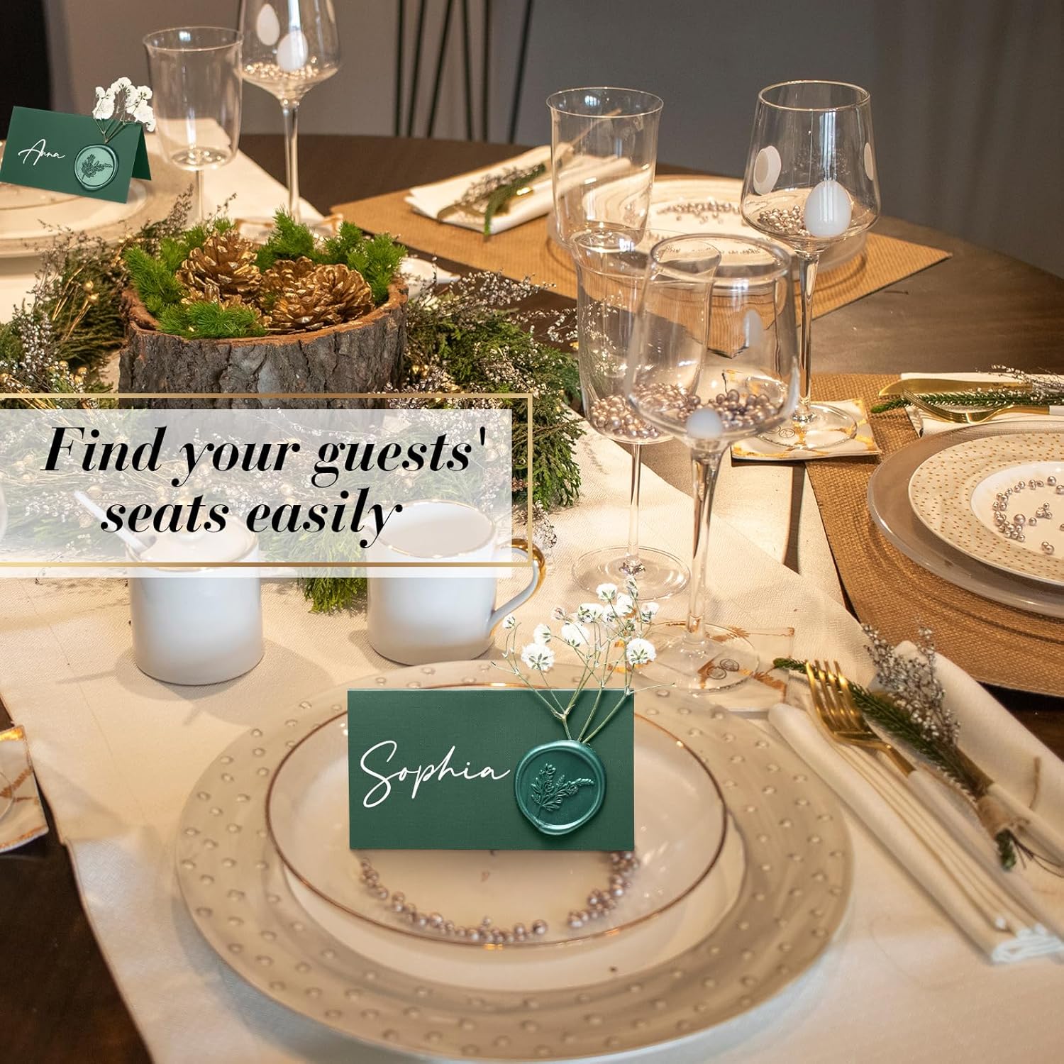 50 Pack Forest Green Wax Seal Place Cards with Babys Breath Flowers