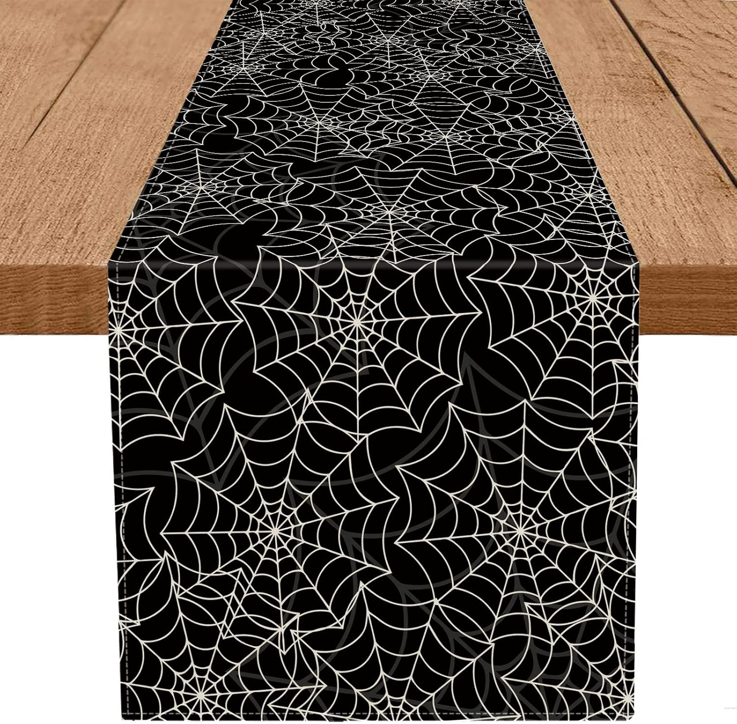 Halloween Table Runner Spider Web Black Linen 13x72 Inch