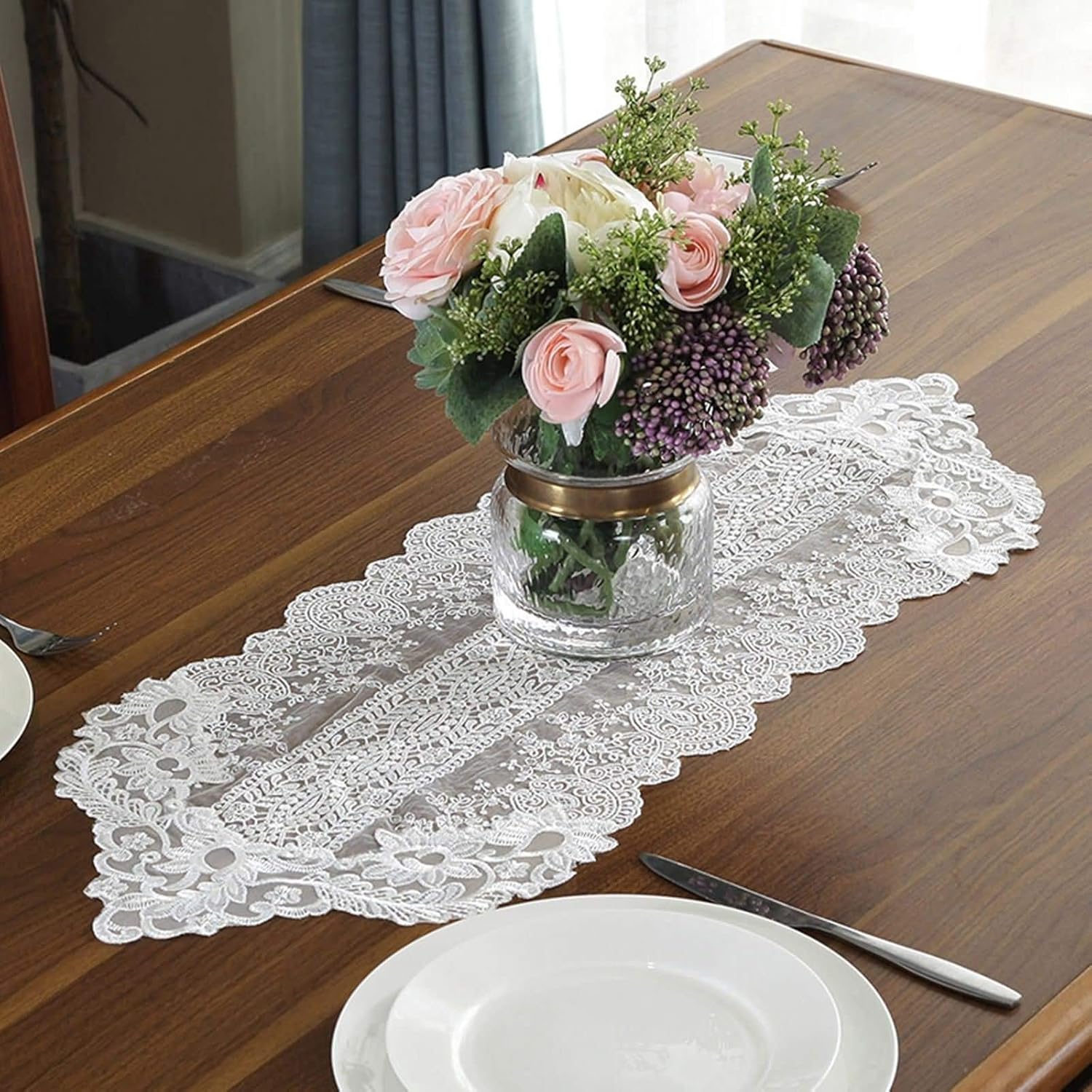 Homxi White Flower Lace Table Runner 30x250CM