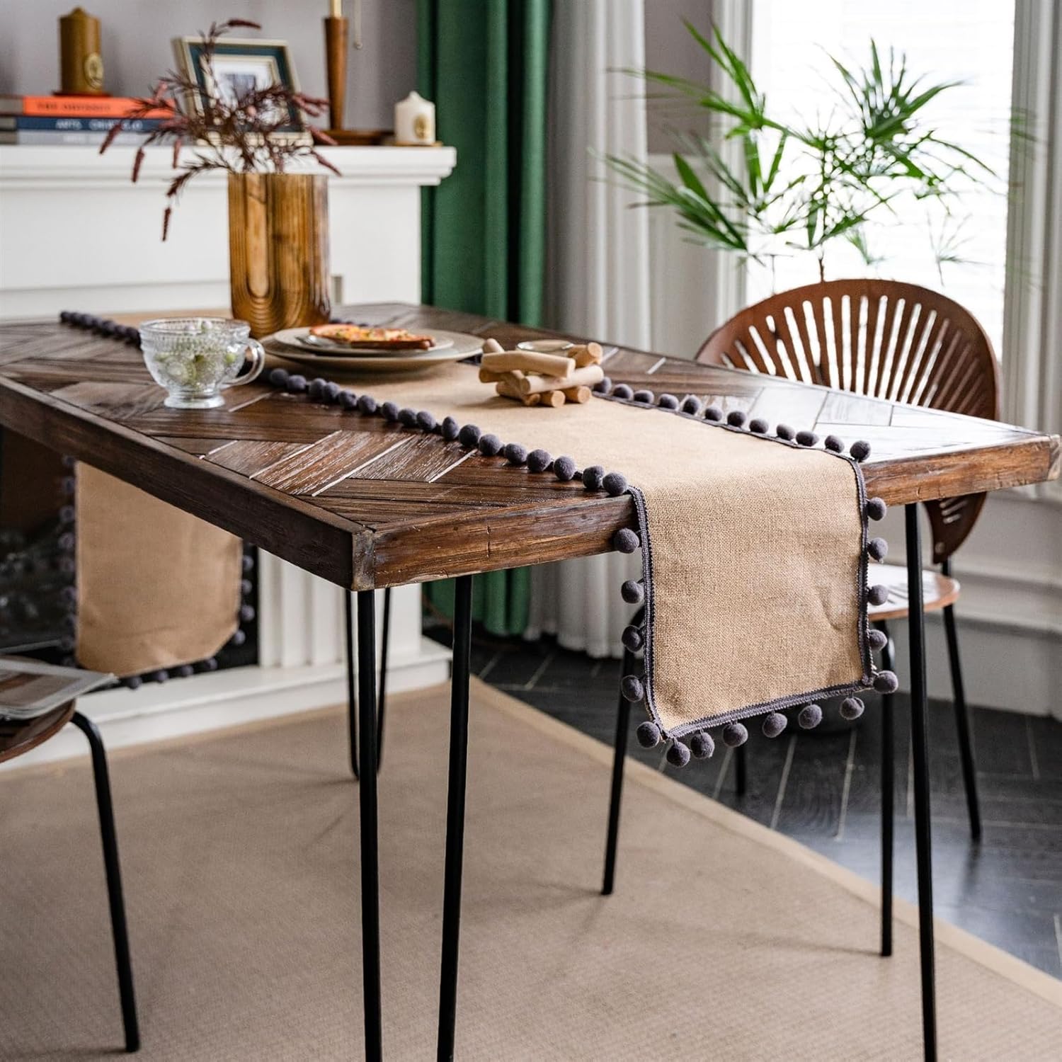 Cozomiz Linen Table Runner with Pompoms Decor