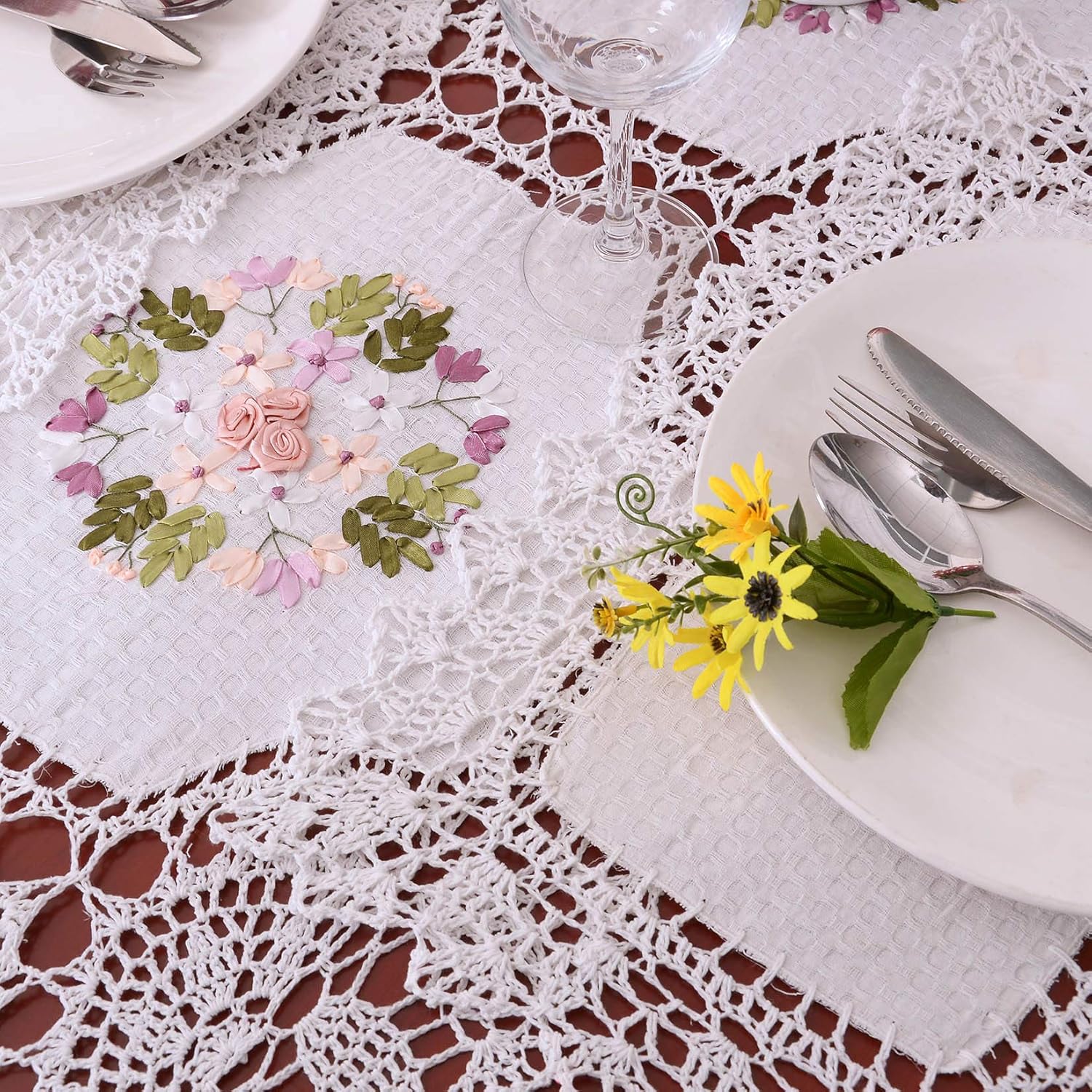 Grelucgo Crochet Table Runner with Ribbon Embroidery 17x72 Inch