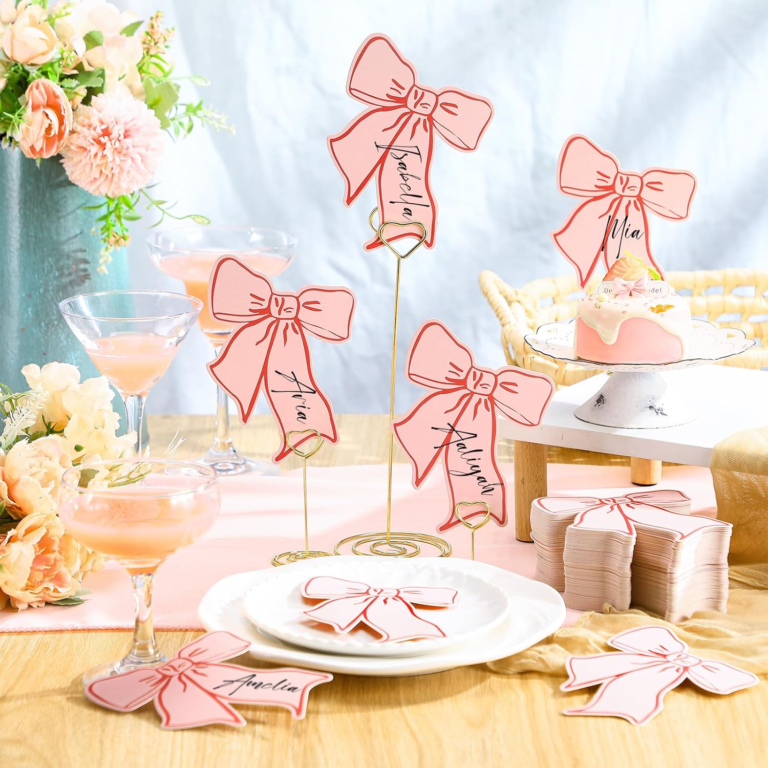 120 Pcs Pink Bow Place Cards for Parties and Events