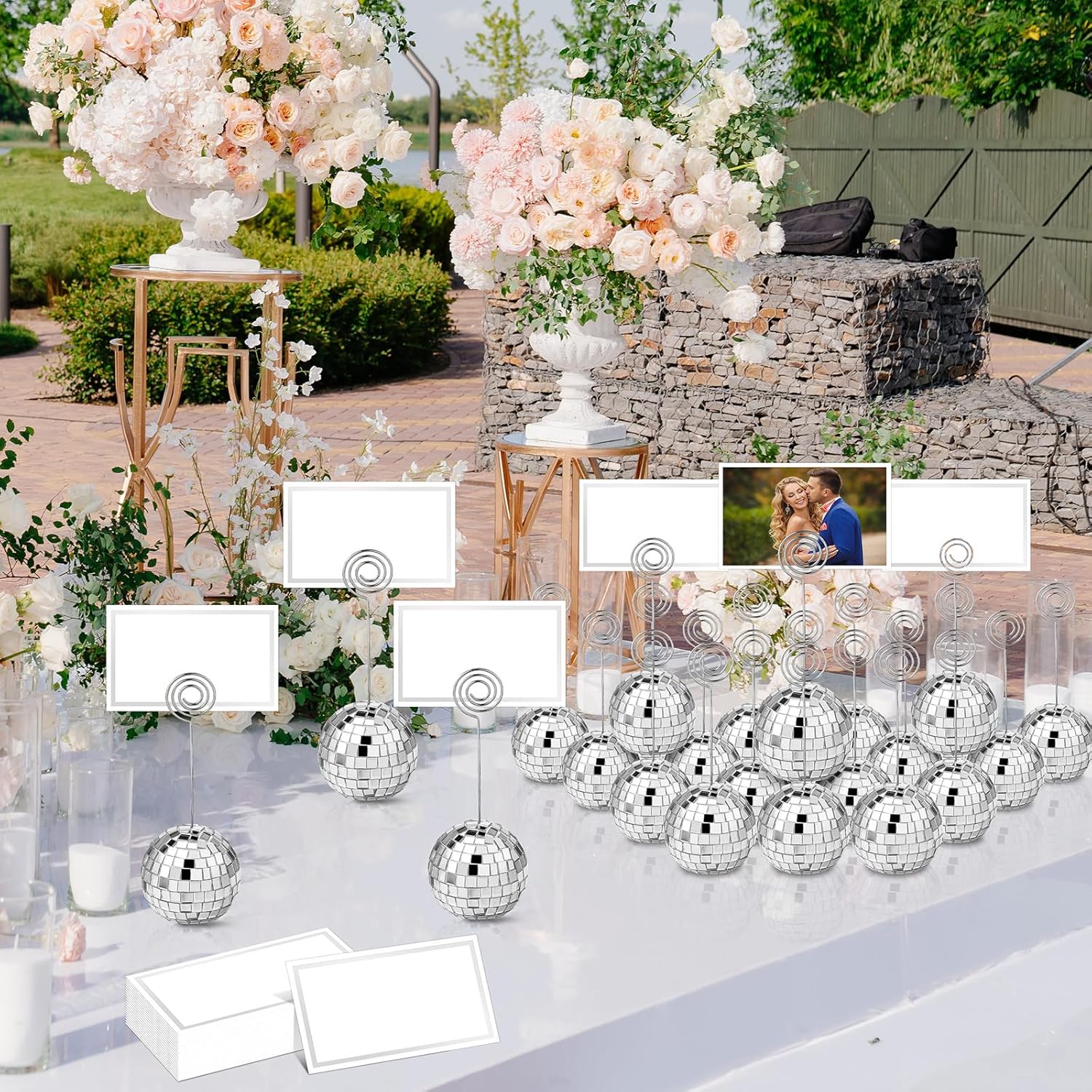 Uiifan 60 Pcs Silver Disco Ball Place Card Holders