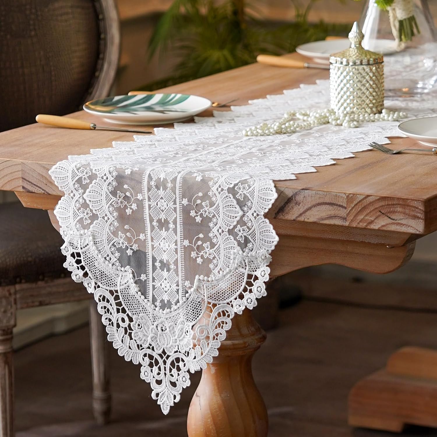 SUTAVIA White Lace Embroidery Table Runner for Home Kitchen Wedding Party