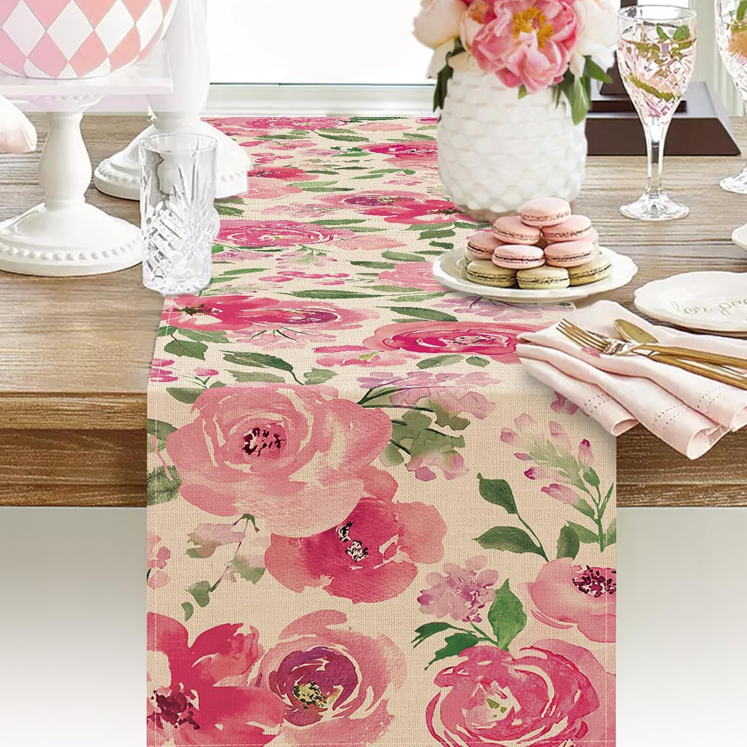 Seliem Pink Peony Flower Table Runner 13x72 Inches