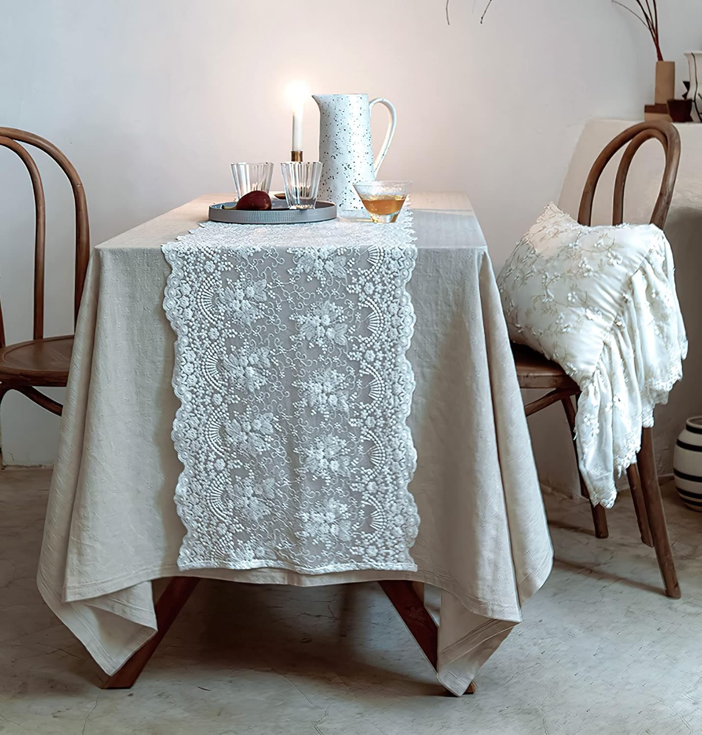 White Lace Table Runner 16x48 Inches Floral Embroidered