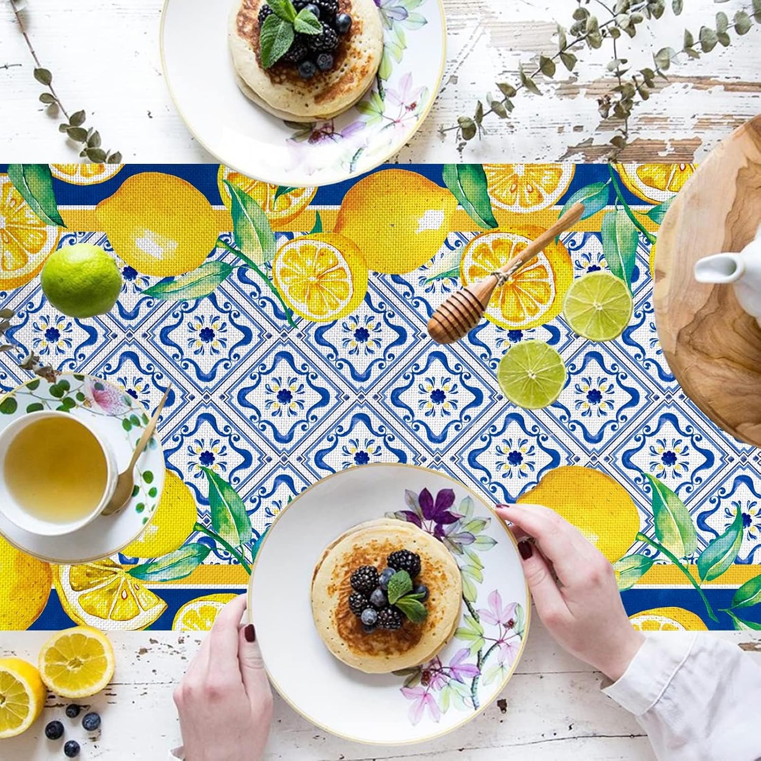 WHOMEAF Capri Blue Lemon Table Runner 13x108 Inch
