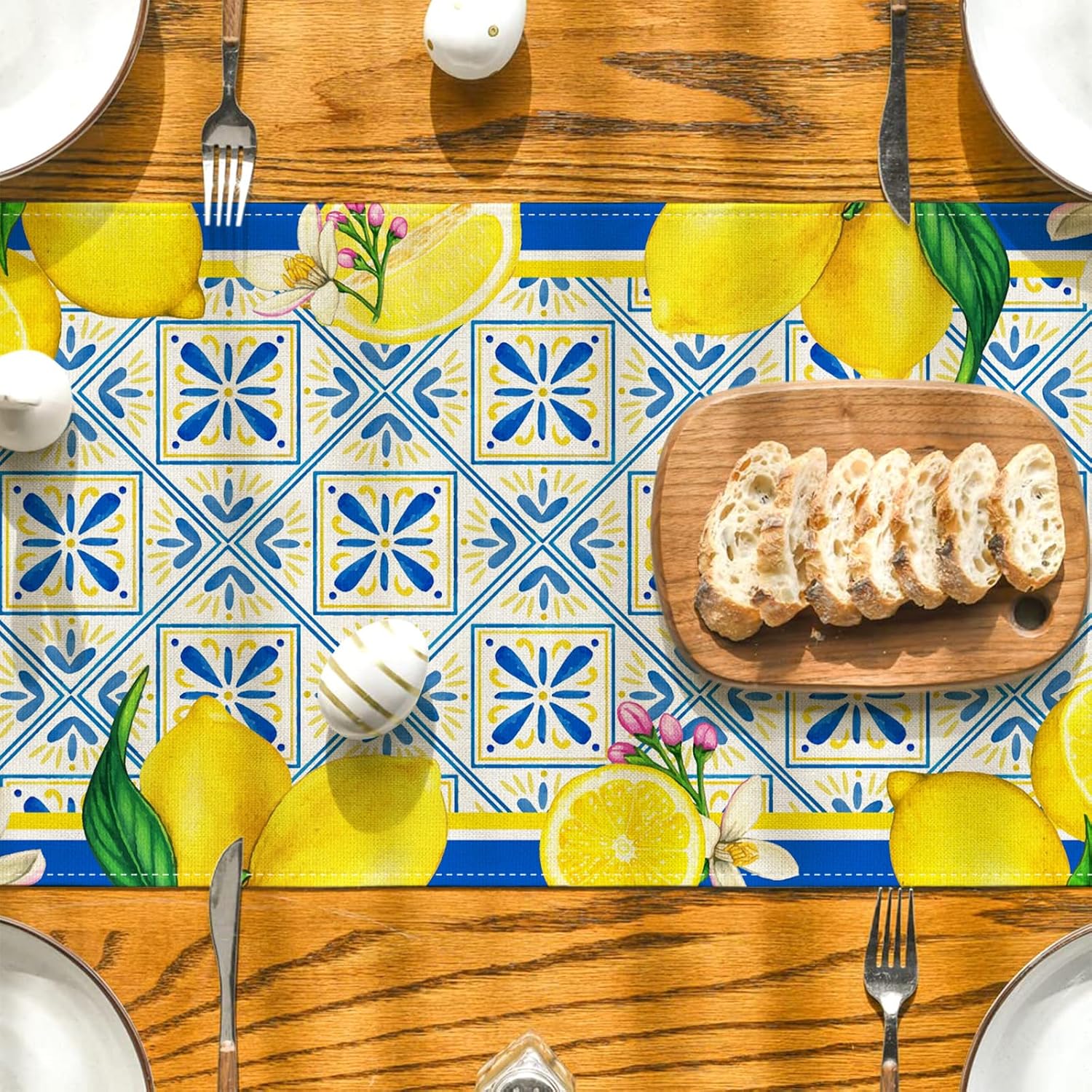 Summer Lemon Table Runner with Blue Tiles Design