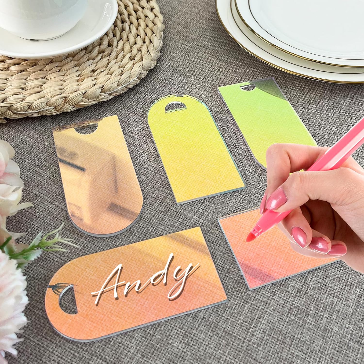 10PCS Iridescent Acrylic Place Cards with Ribbon