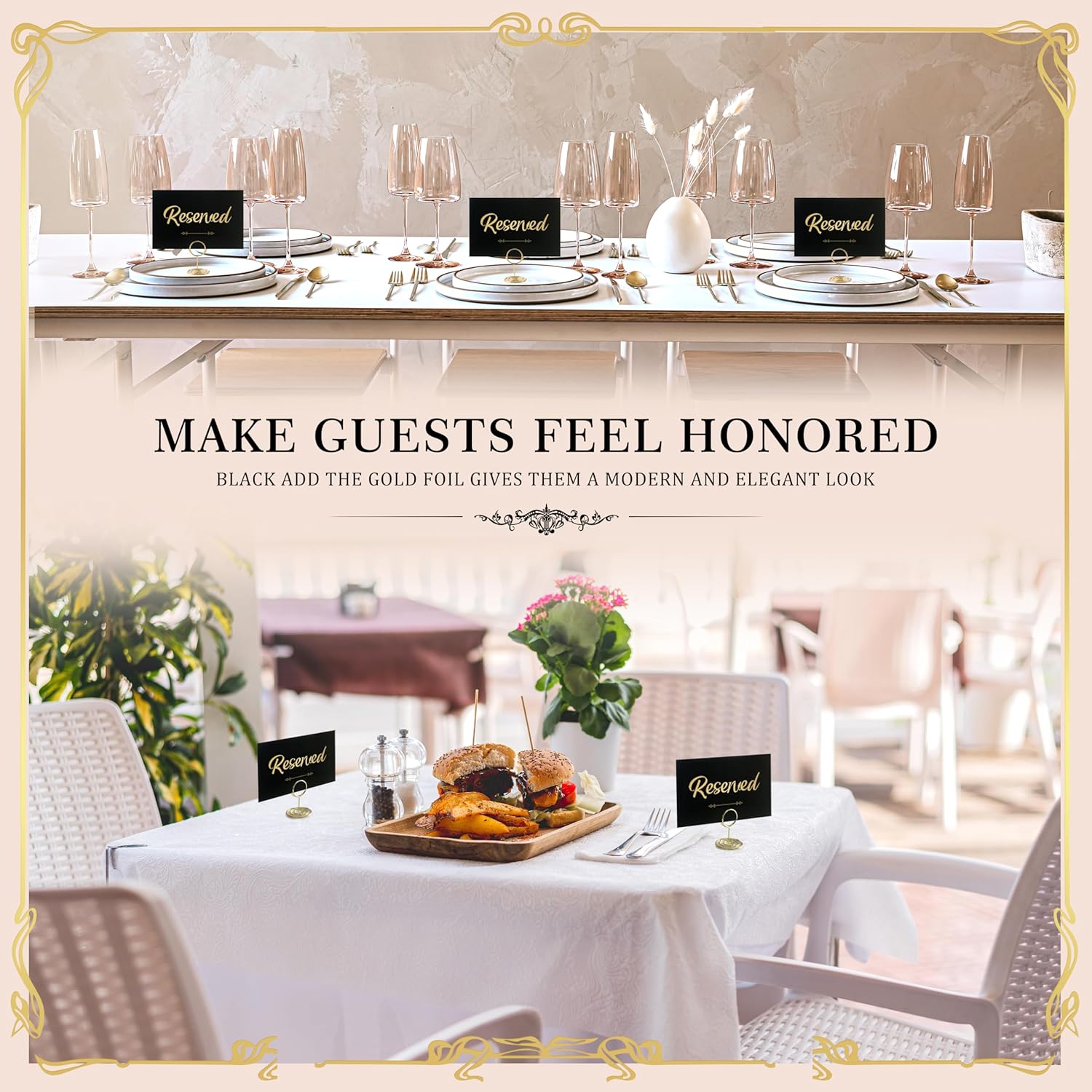 12 Pack Gold Reserved Table Signs with Stand and White Cards