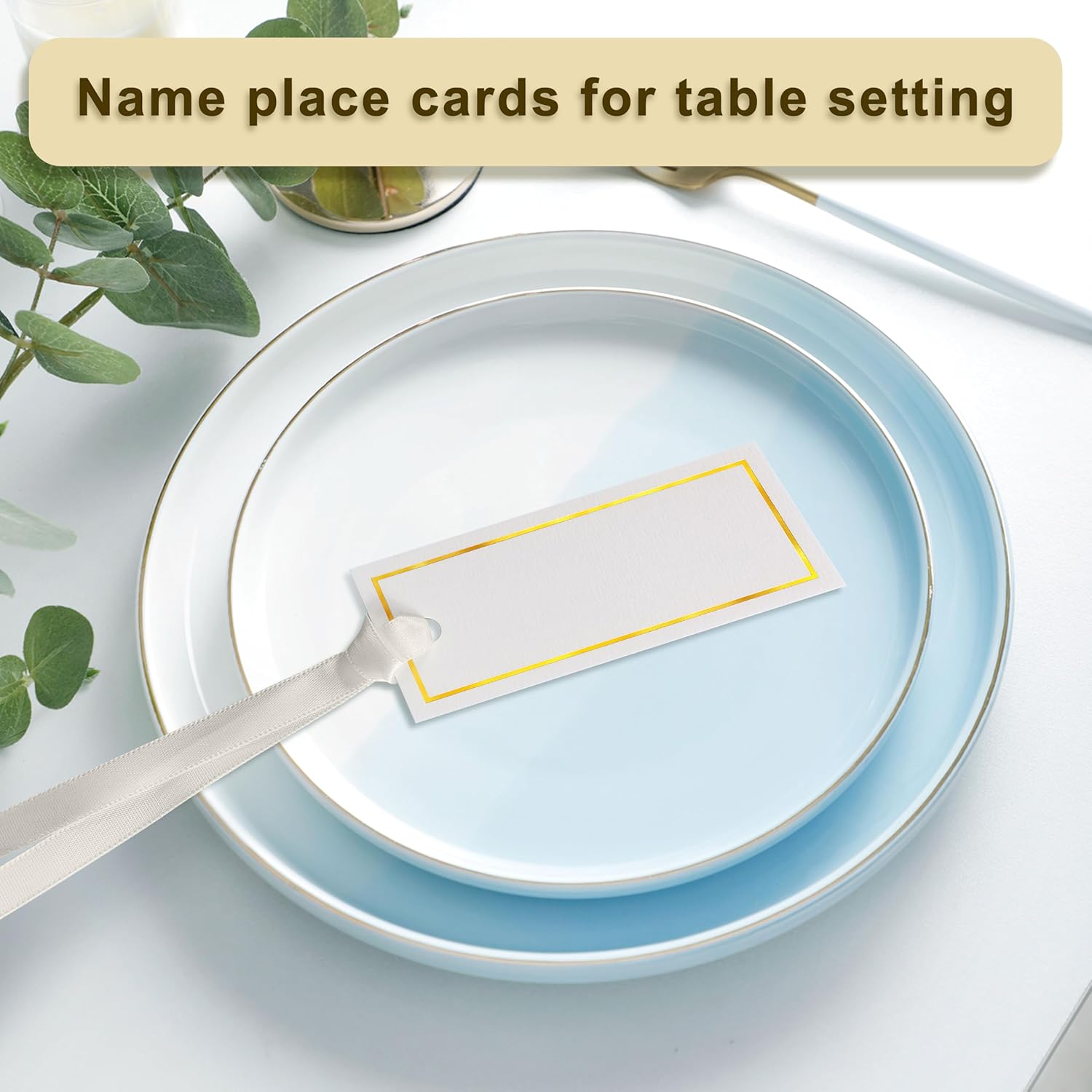 50 Pcs Gold Foil Name Place Cards with Ribbon for Events