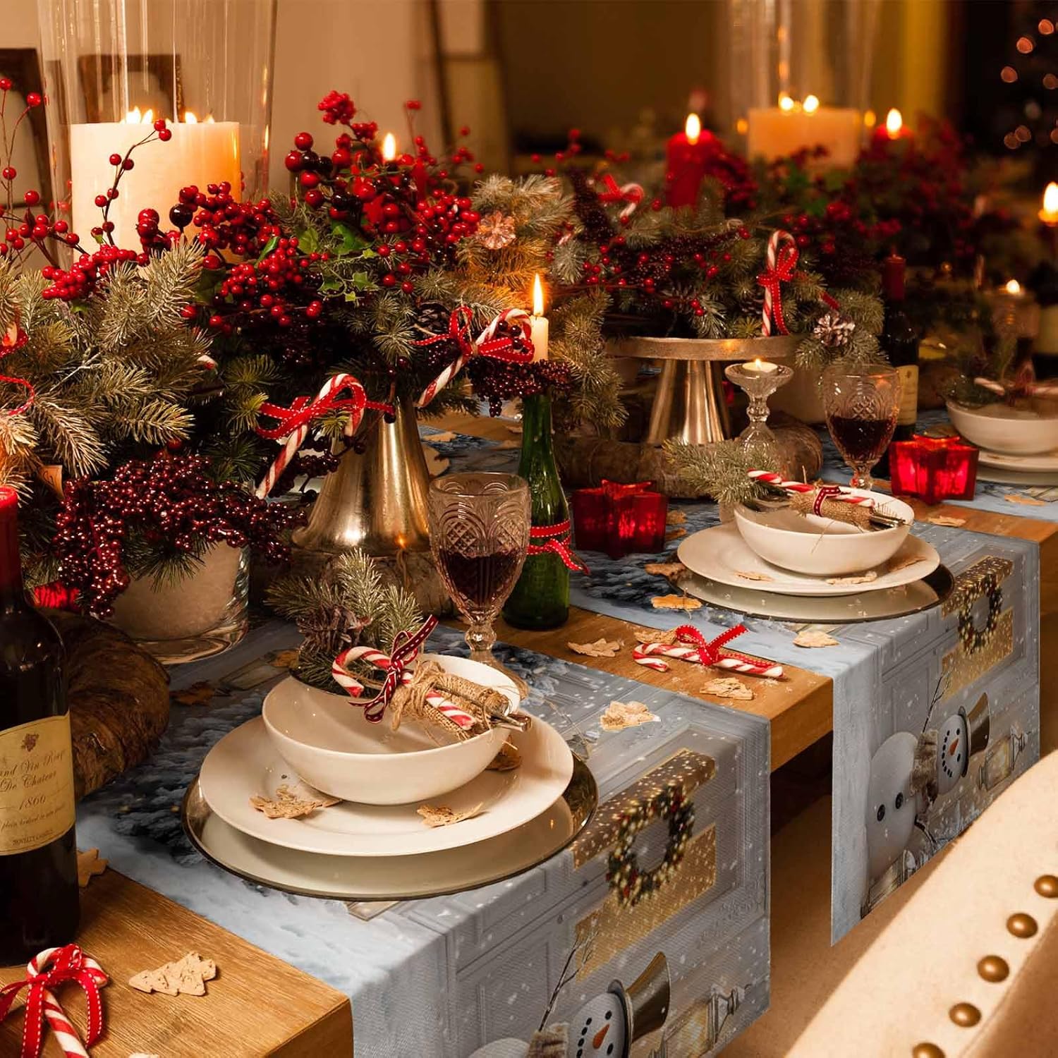 IDOWMAT Merry Xmas Snowman Pine Tree Table Runner