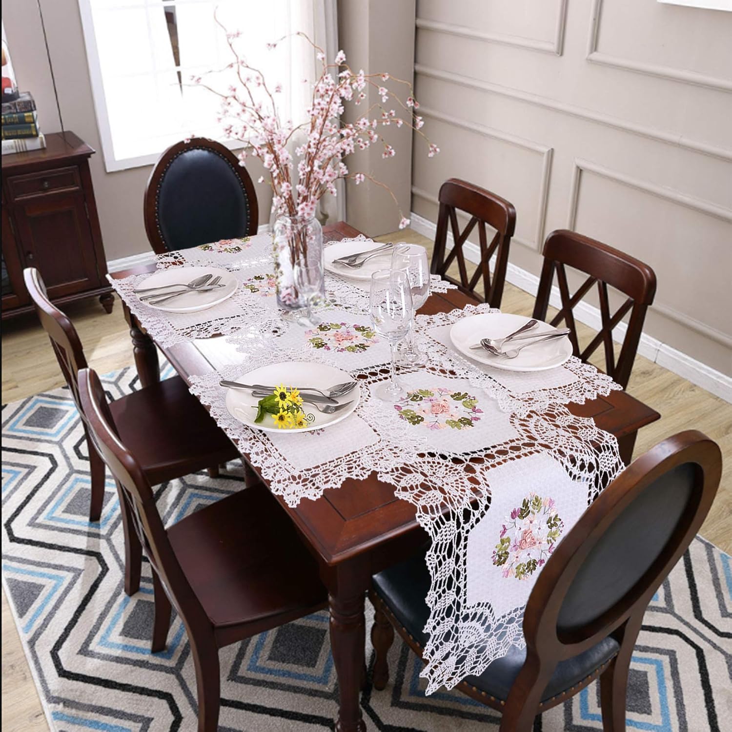 Grelucgo Crochet Table Runner with Ribbon Embroidery 17x72 Inch