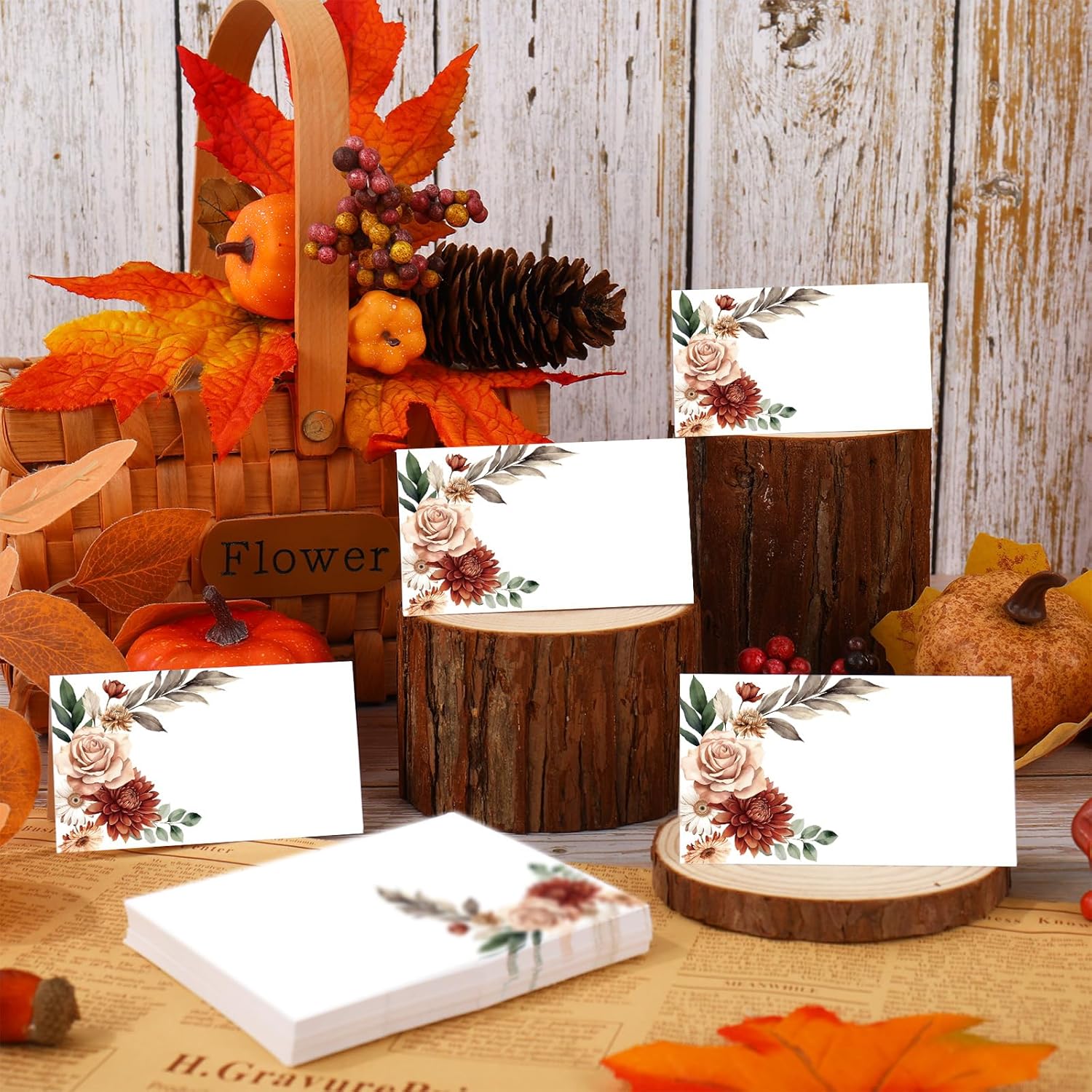 Whaline 100Pcs Fall Place Cards Retro Boho Floral Tented Name Cards