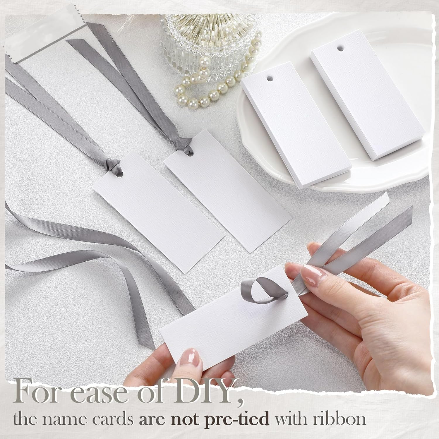 50 Pcs Silver Place Cards with Sateen Ribbon