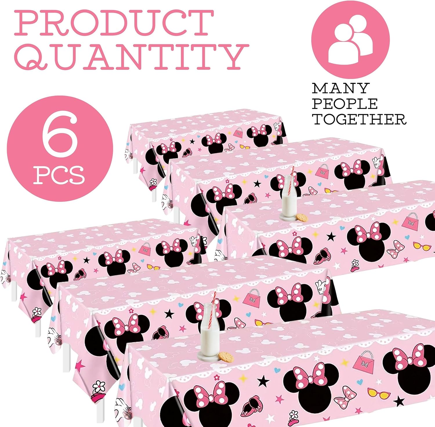 6PCS Pink Birthday Tablecloth Set 108x54 Inch Rectangle Disposable for Girls Party