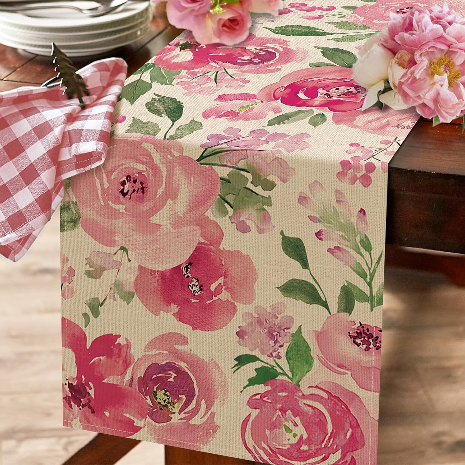Seliem Pink Peony Flower Table Runner 13x72 Inches