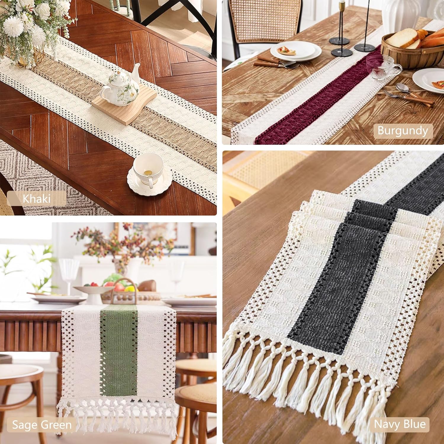4 Piece Boho Table Runner with Tassels Rustic Farmhouse Decor