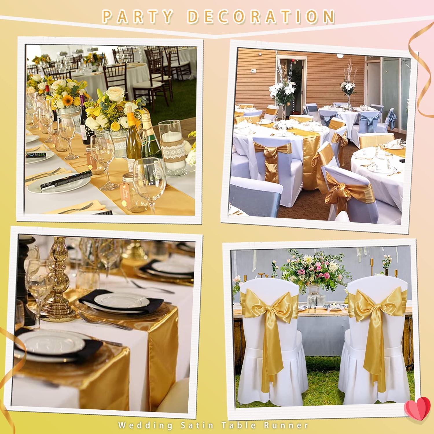 Set of 5 Gold Satin Table Runners 12x108 Inch