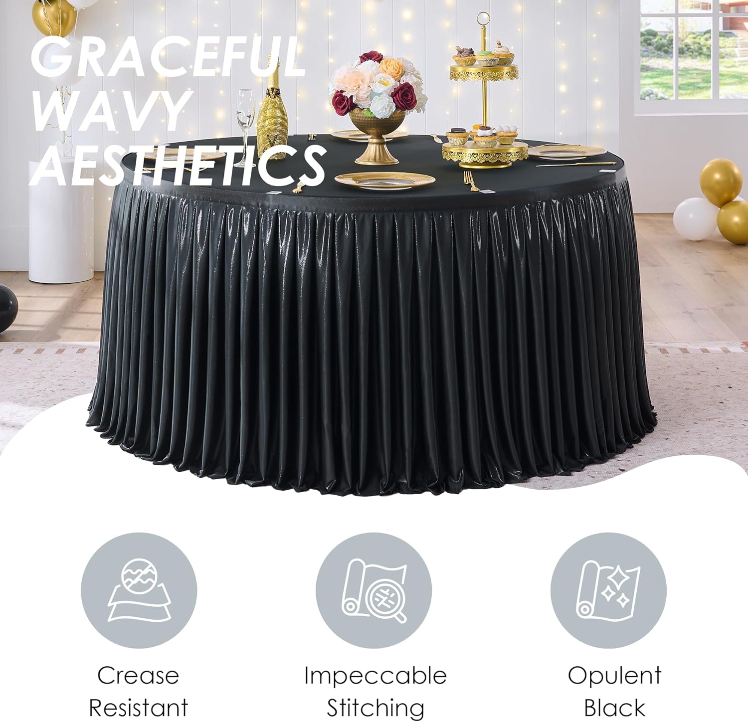 PartyVillage 132 Inch Black Table Skirt for 6ft Rectangular Tables