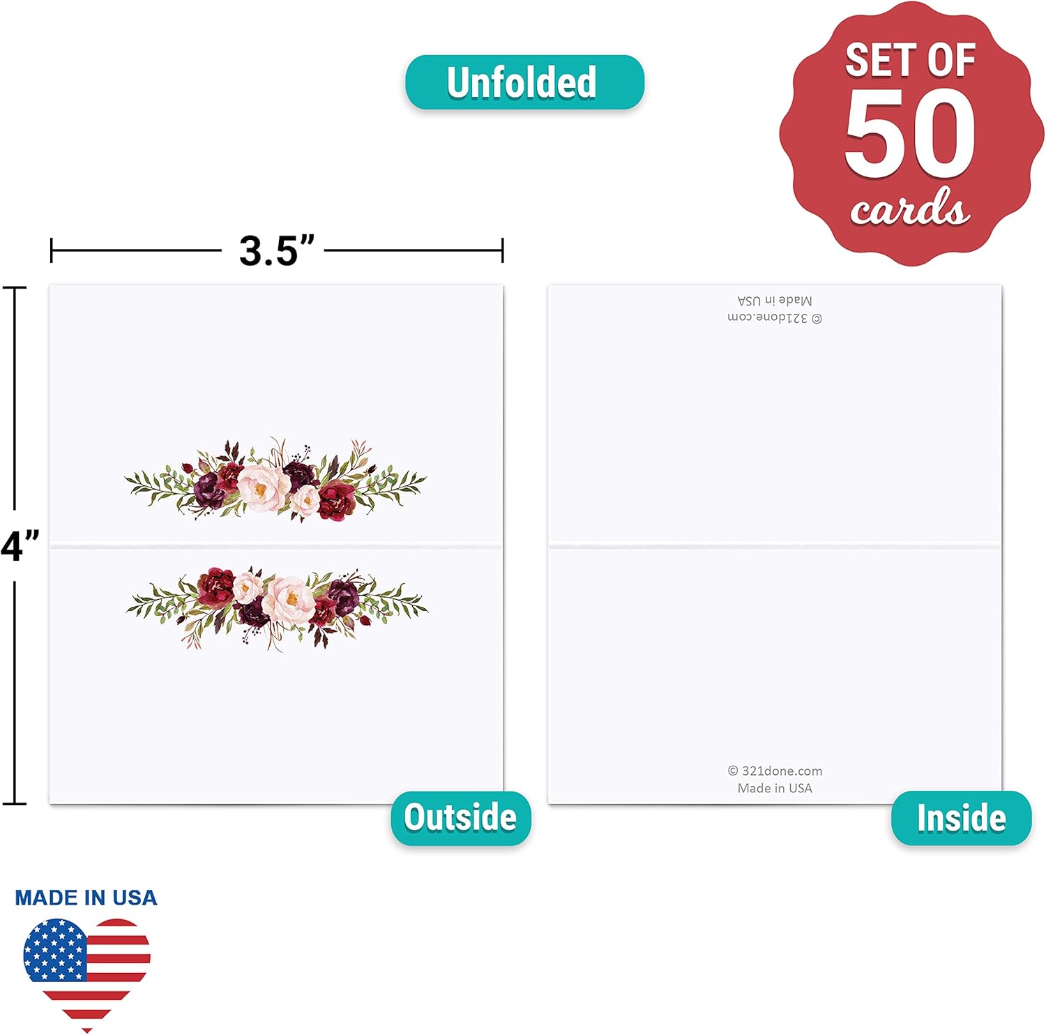 321Done Floral Place Cards 35x2 Inches Set of 50
