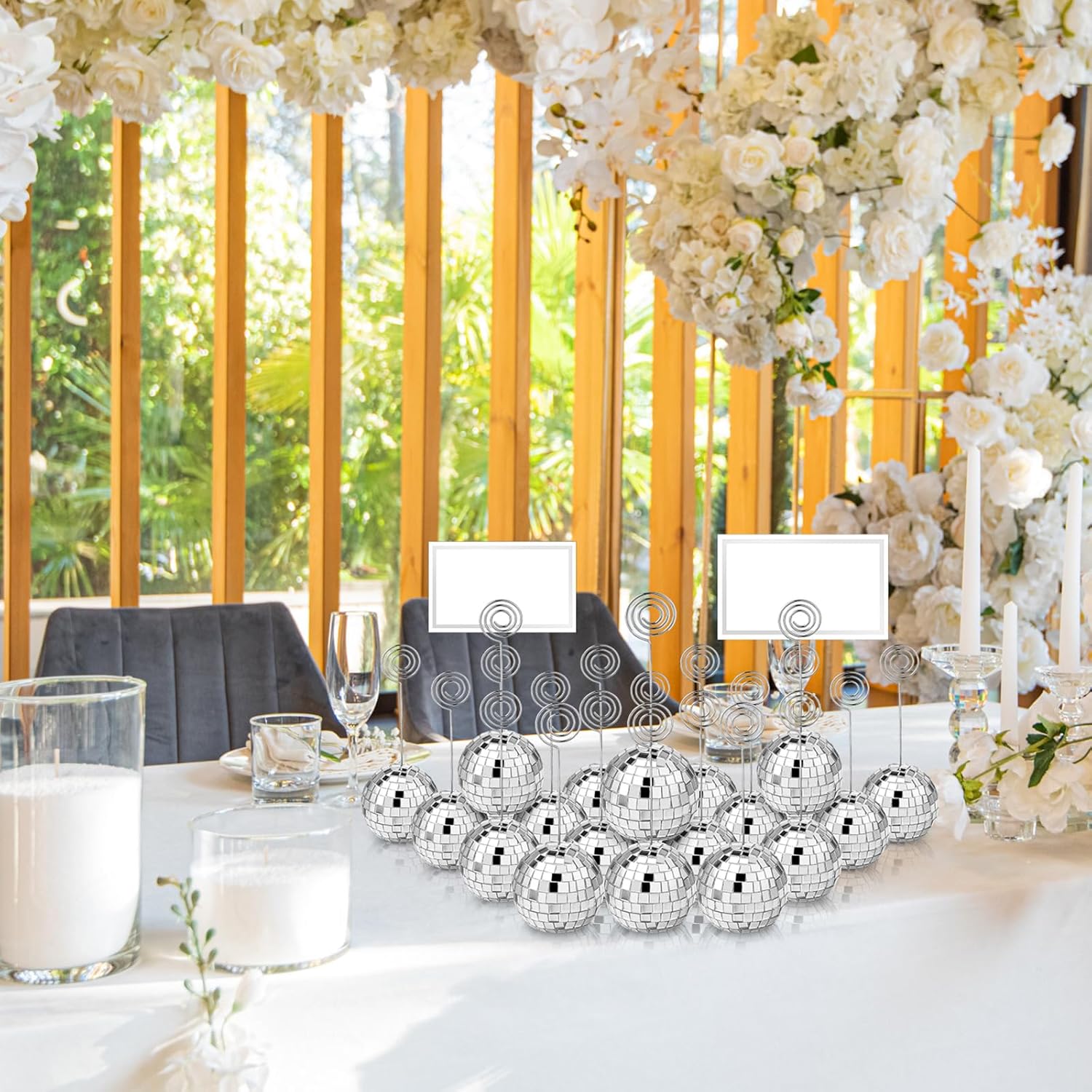 Uiifan 60 Pcs Silver Disco Ball Place Card Holders