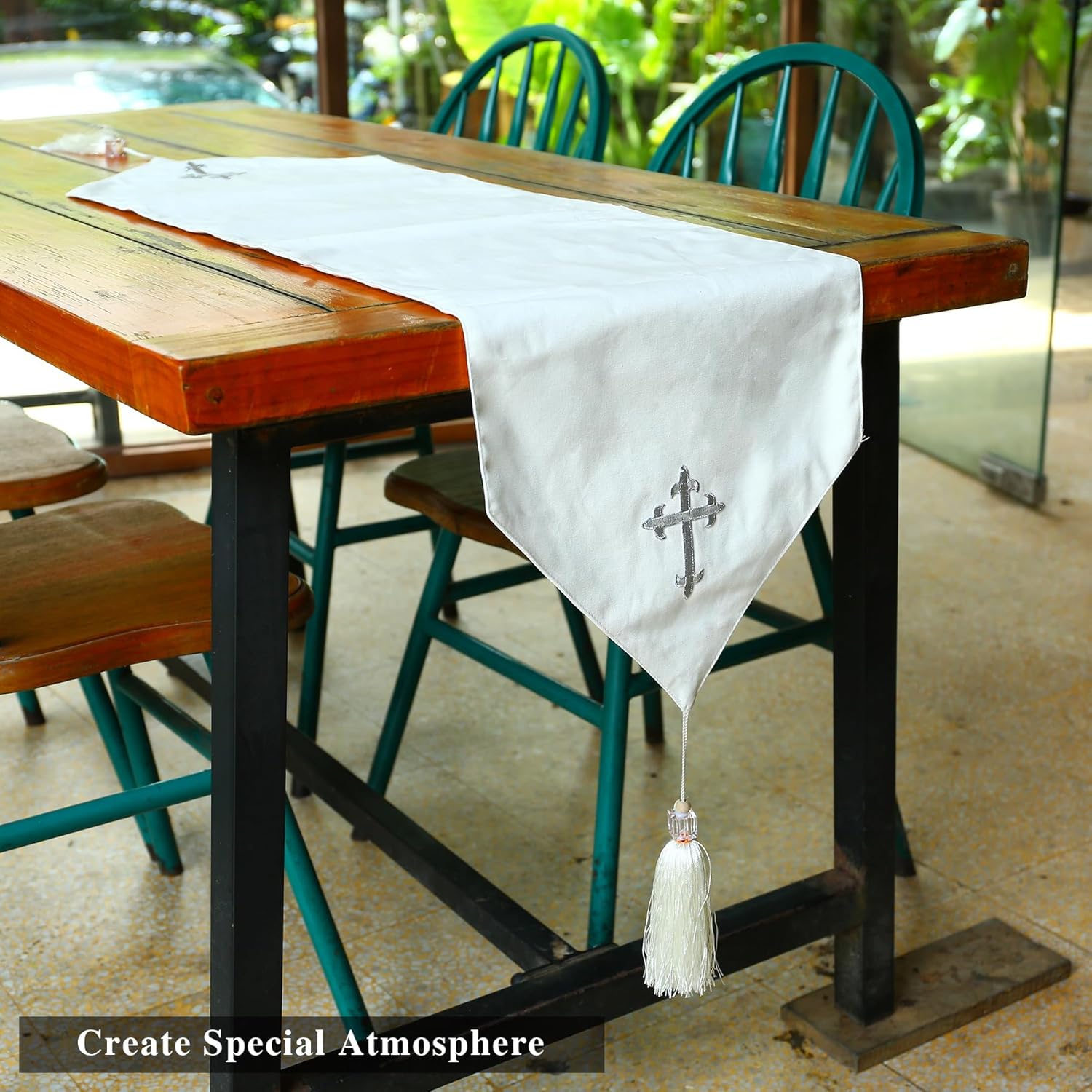 Ohmique White Communion Table Runner with Cross Embroidery