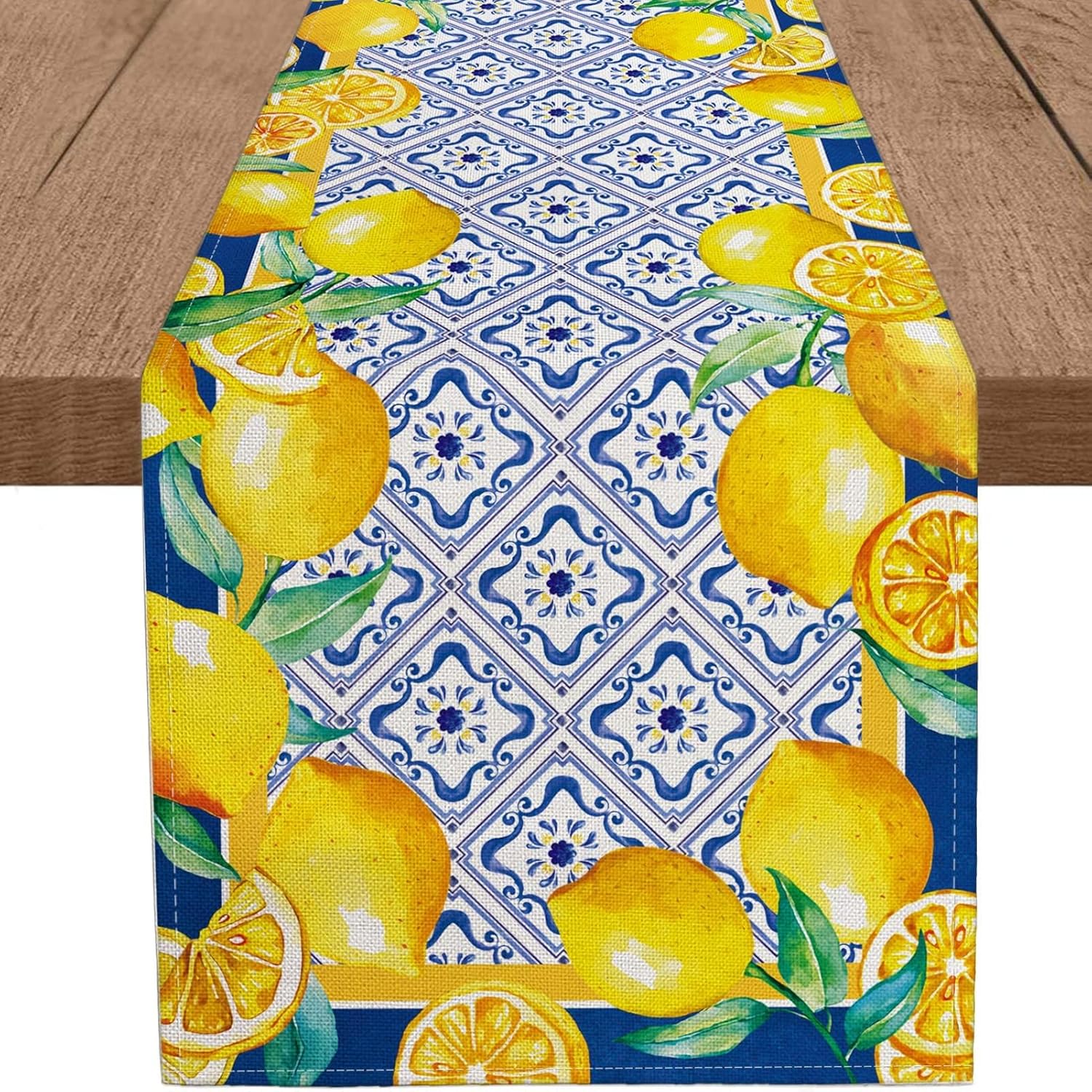 WHOMEAF Capri Blue Lemon Table Runner 13x108 Inch
