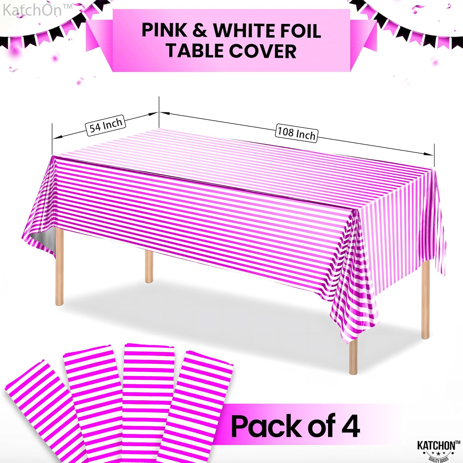 KatchOn 4 Pack Hot Pink and Silver Tablecloths 108x54 Inch