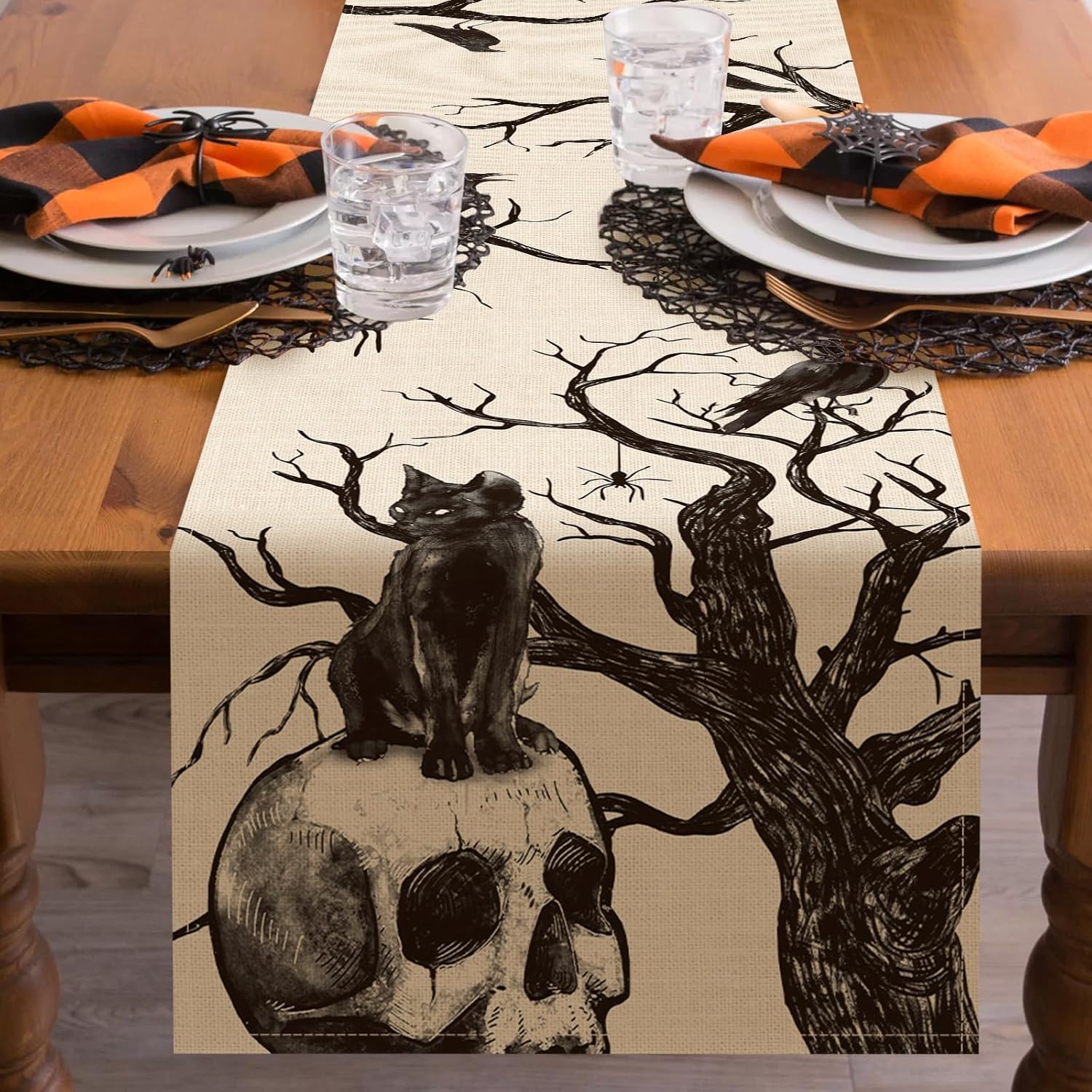 Seliem Halloween Gothic Skull Black Cat Table Runner 13x72 Inches
