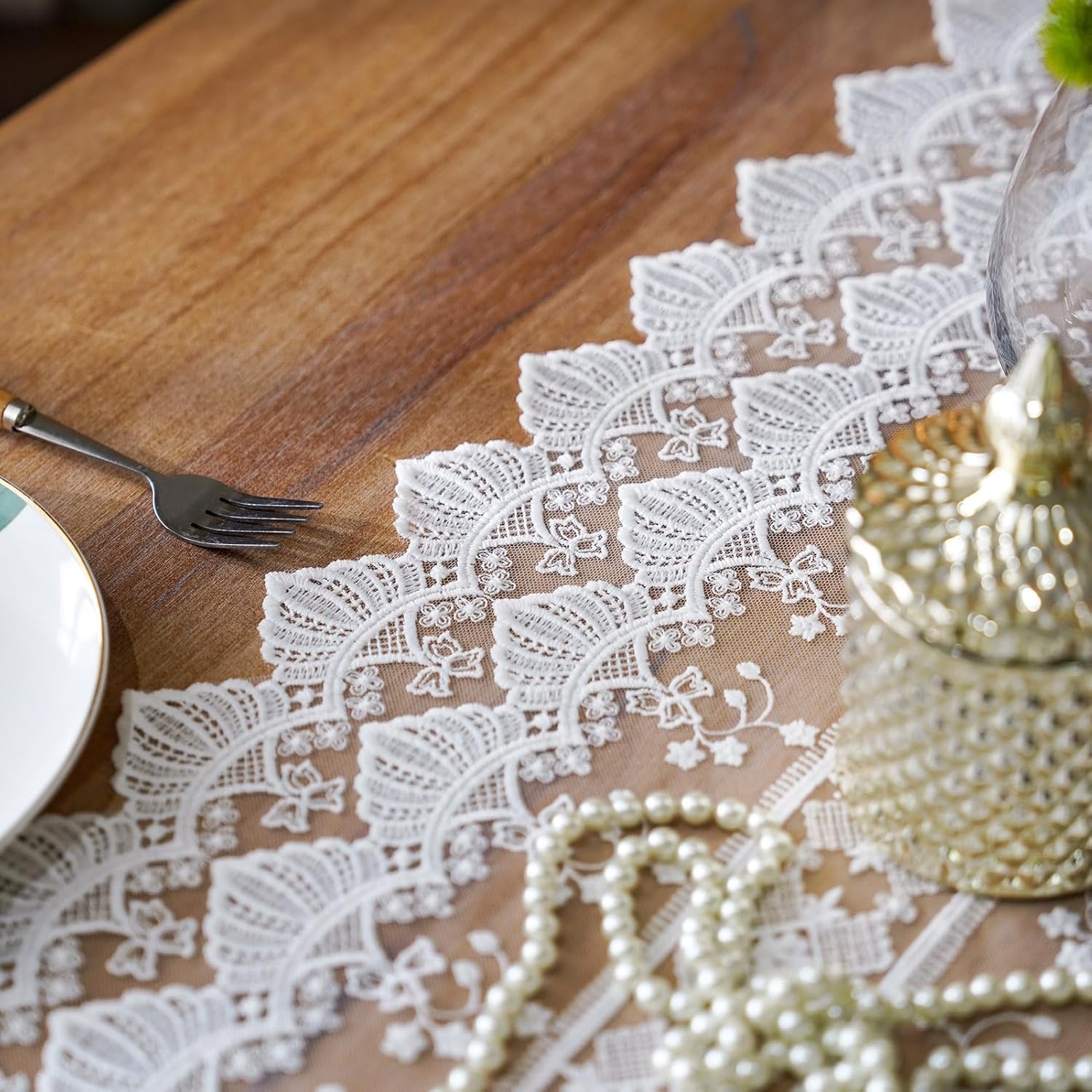 SUTAVIA White Lace Embroidery Table Runner for Home Kitchen Wedding Party