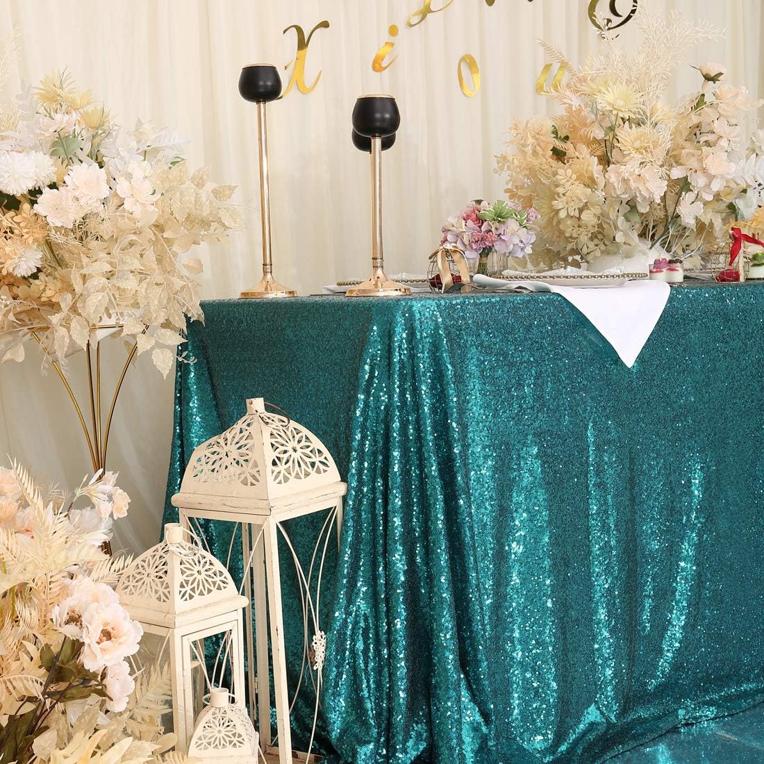 Eternal Beauty Teal Sequin Tablecloth 72x108 inch Sparkly Overlay