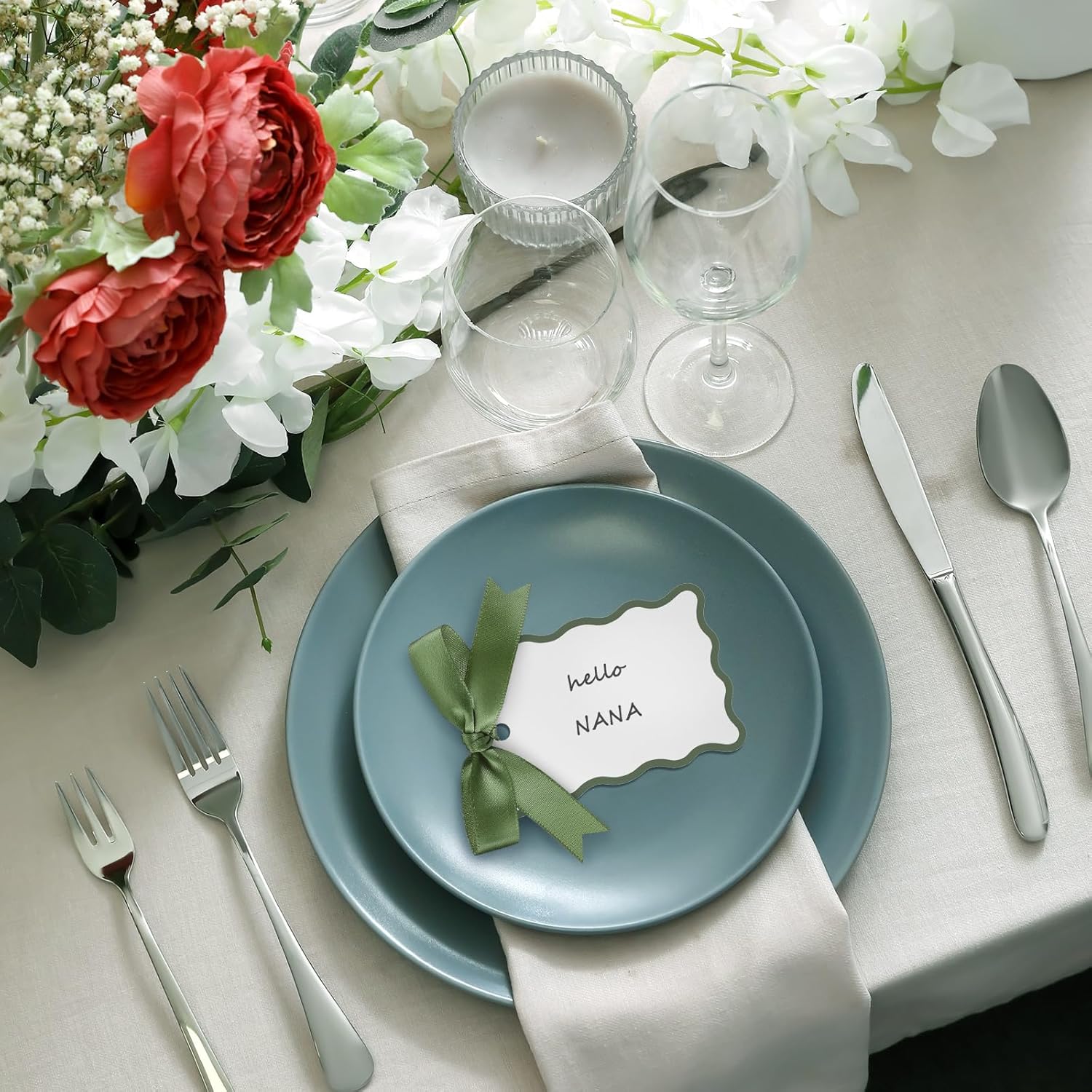 200 Pcs Scallop Name Place Cards with Ribbon Sage Green