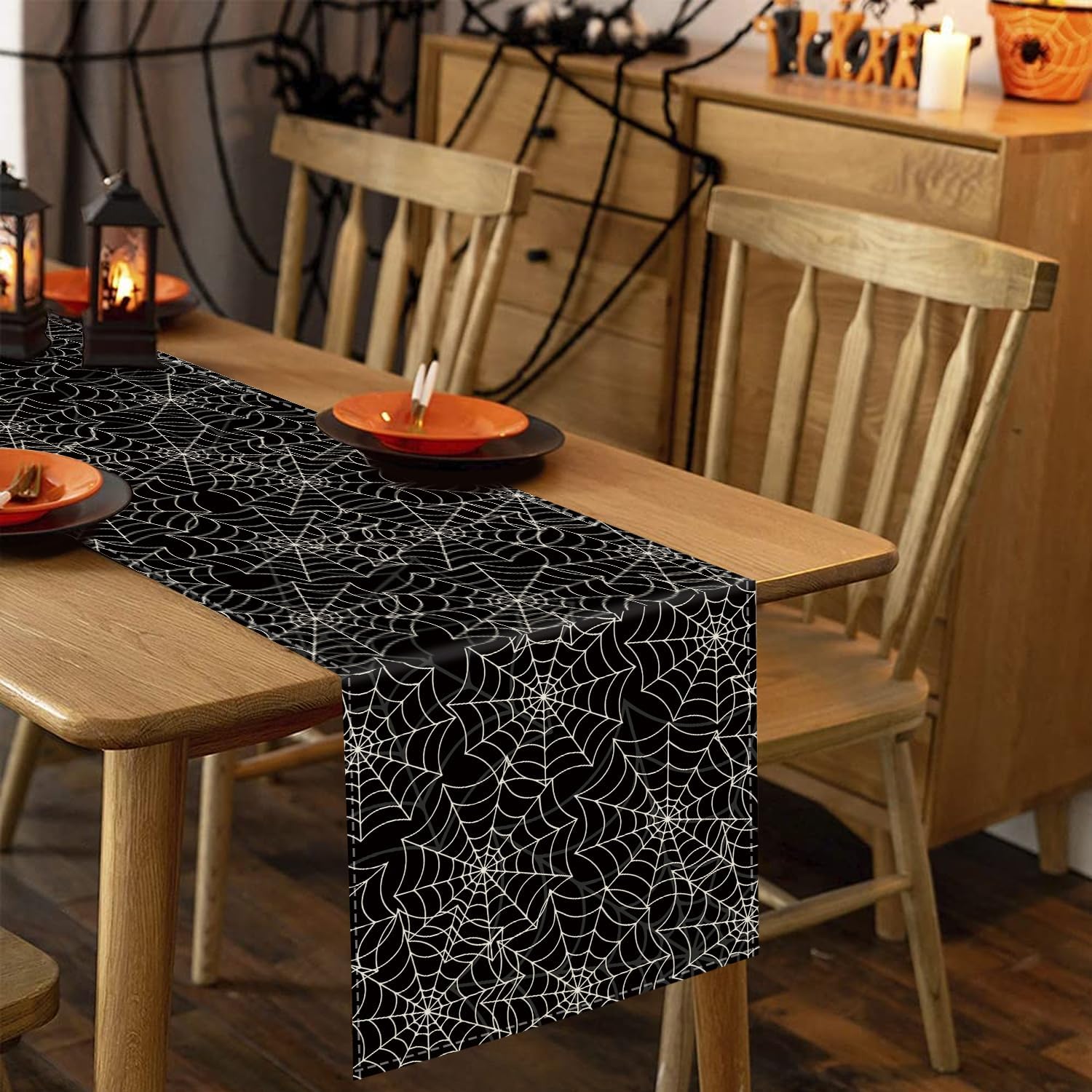 Halloween Table Runner Spider Web Black Linen 13x72 Inch