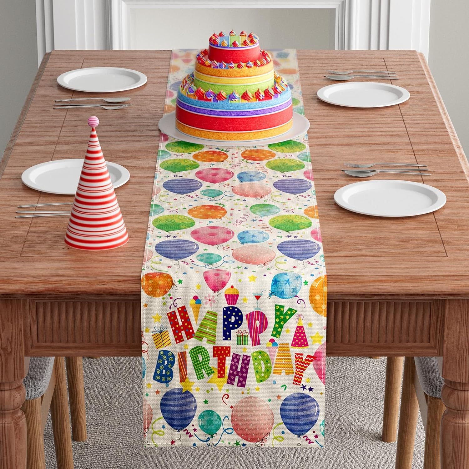 XCHI Colorful Balloons Confetti Stars Table Runner