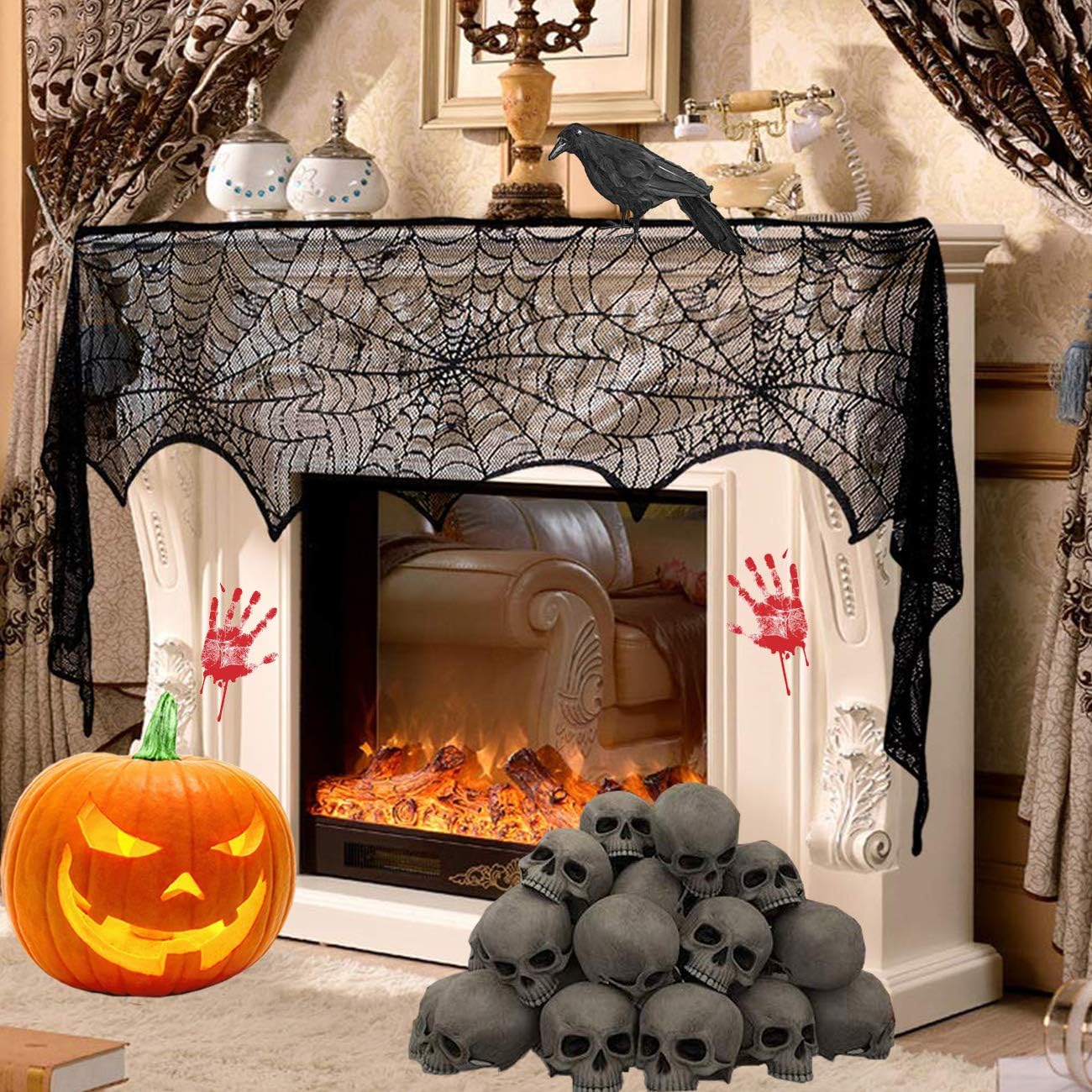 Sunnyglade Halloween Spiderweb Tablecloth Fireplace Mantle Cover
