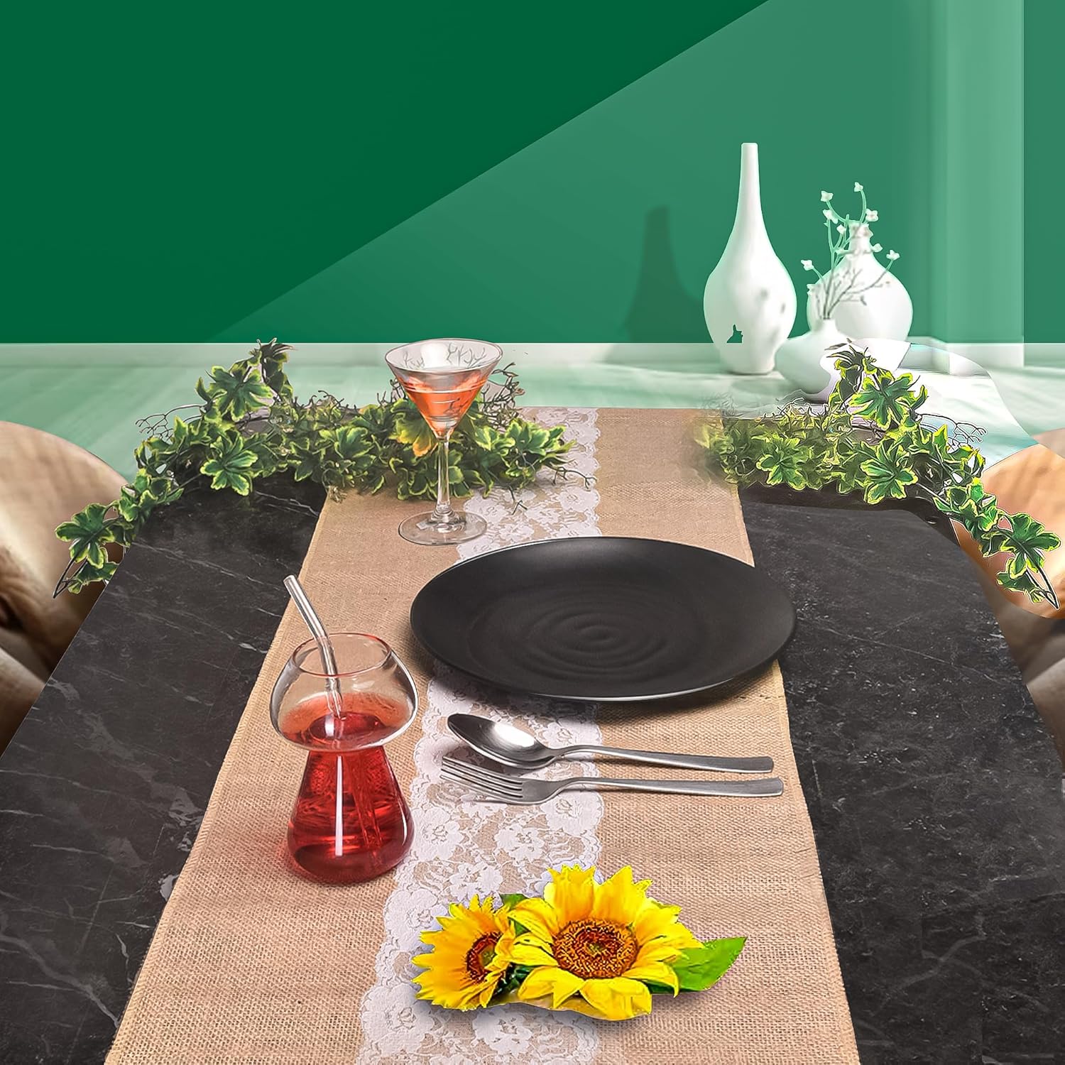 Elegant Burlap Lace Table Runner Pack of 3 14x72