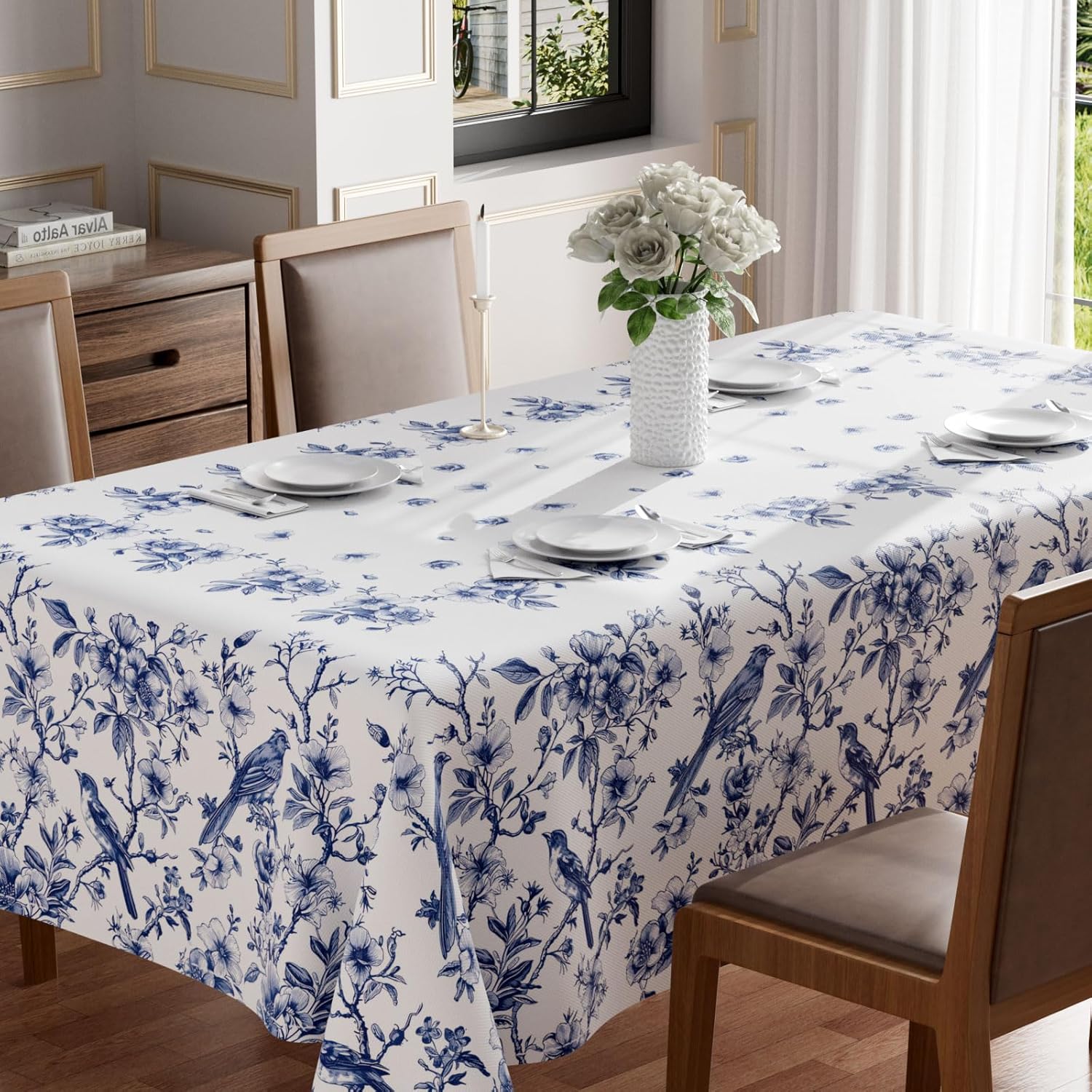 XCHI Blue and White Porcelain Birds Flowers Tablecloth 60x84 Inch