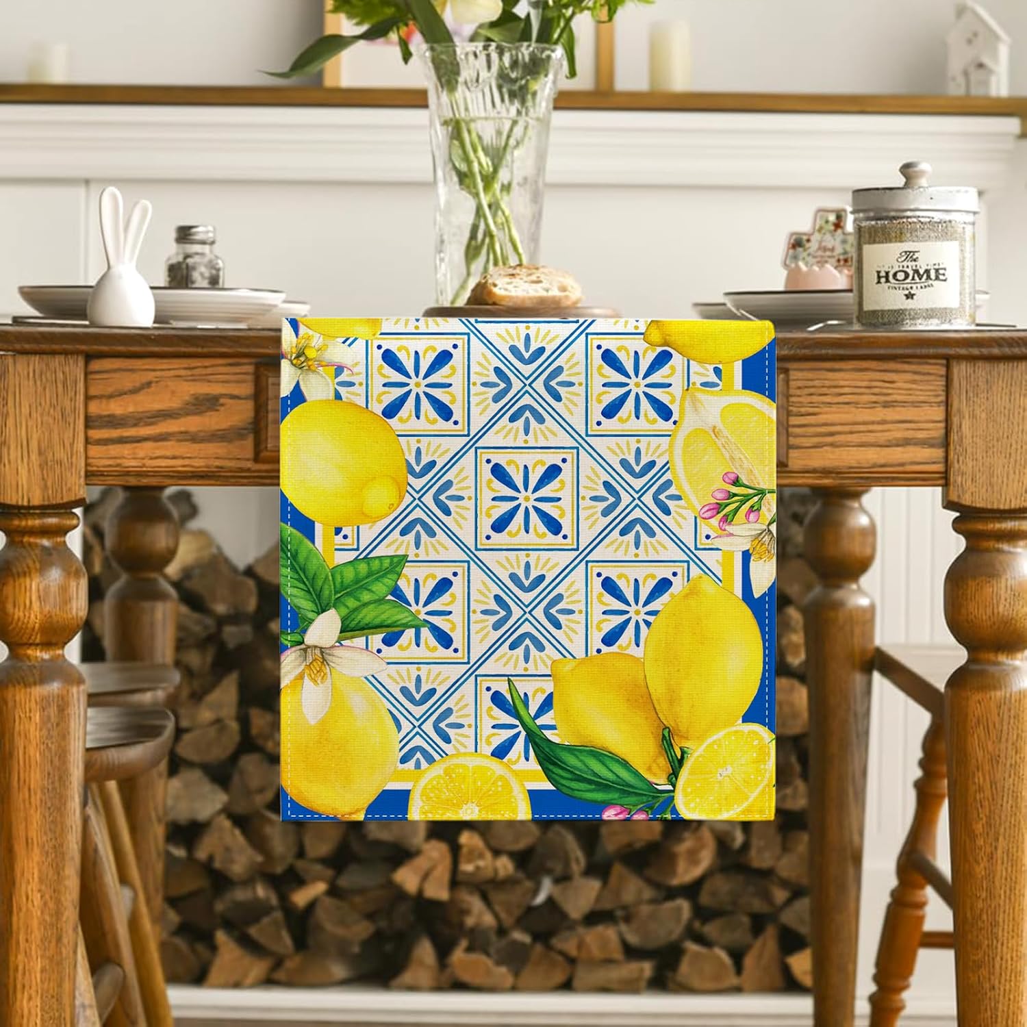 Summer Lemon Table Runner with Blue Tiles Design