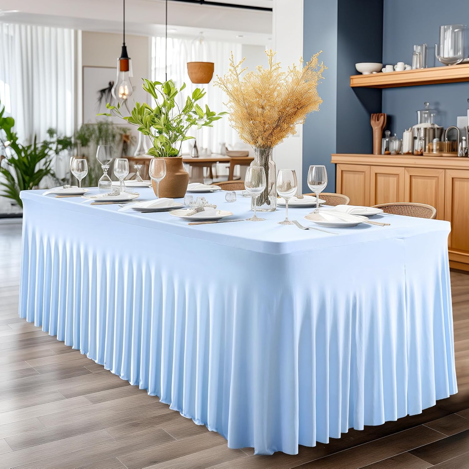 2 Pack Baby Blue Spandex Tablecloths for 6 Foot Rectangle Tables