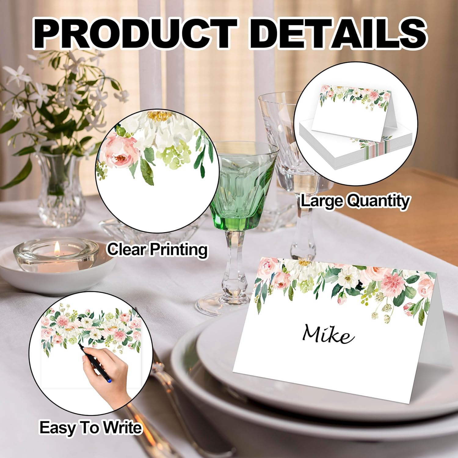 Floral Themed Table Place Cards 25 Pack White