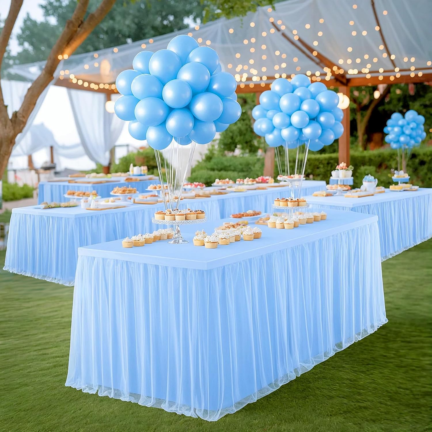 Tao-Ge Baby Blue Tulle Tablecloth for 6ft Rectangle Tables