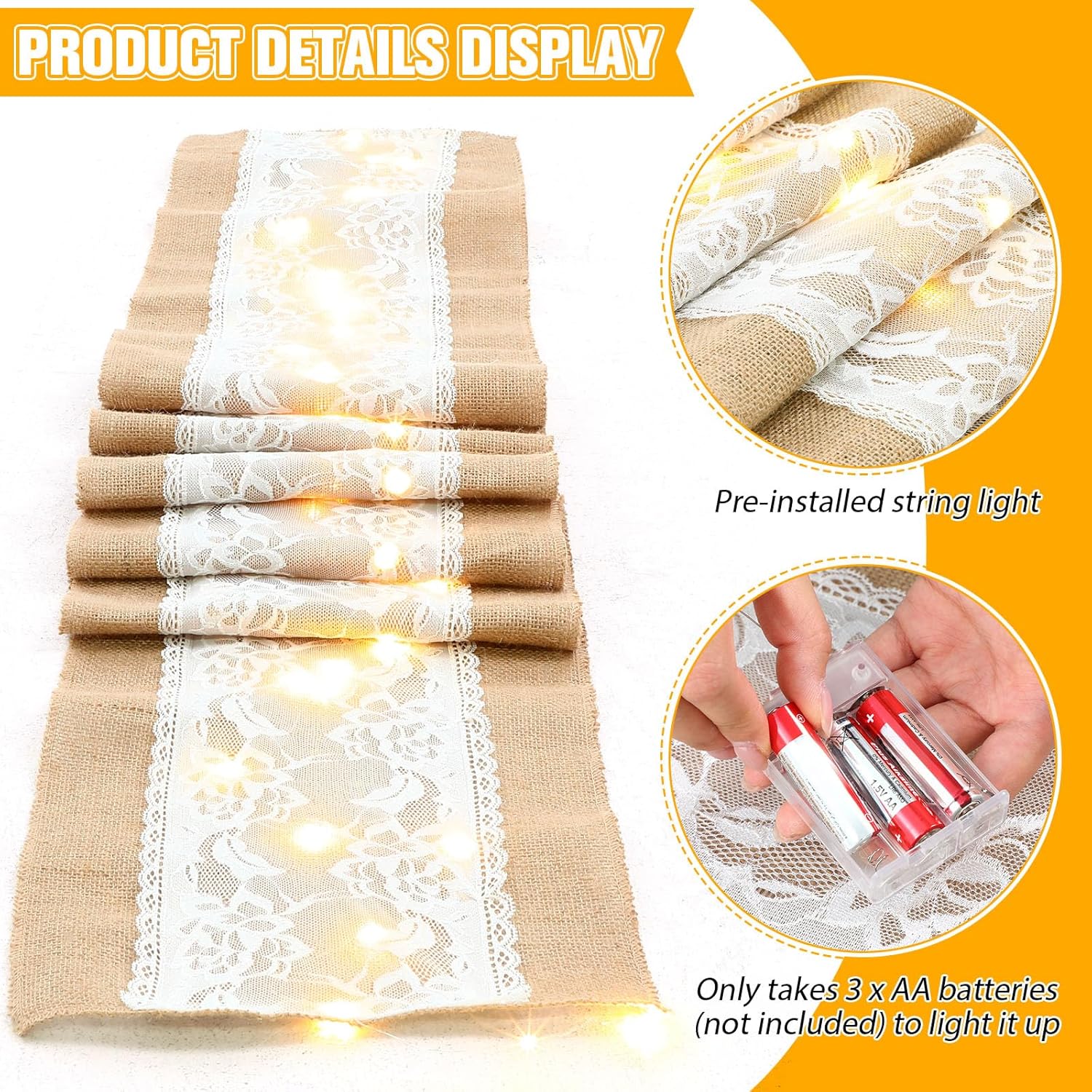 Xinnun 6 Pack Burlap Table Runner with LED Lights