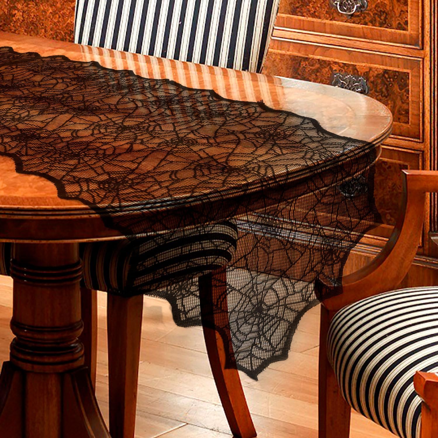 Black Lace Spider Webs Table Runner - 18x72 Inches Halloween Decor