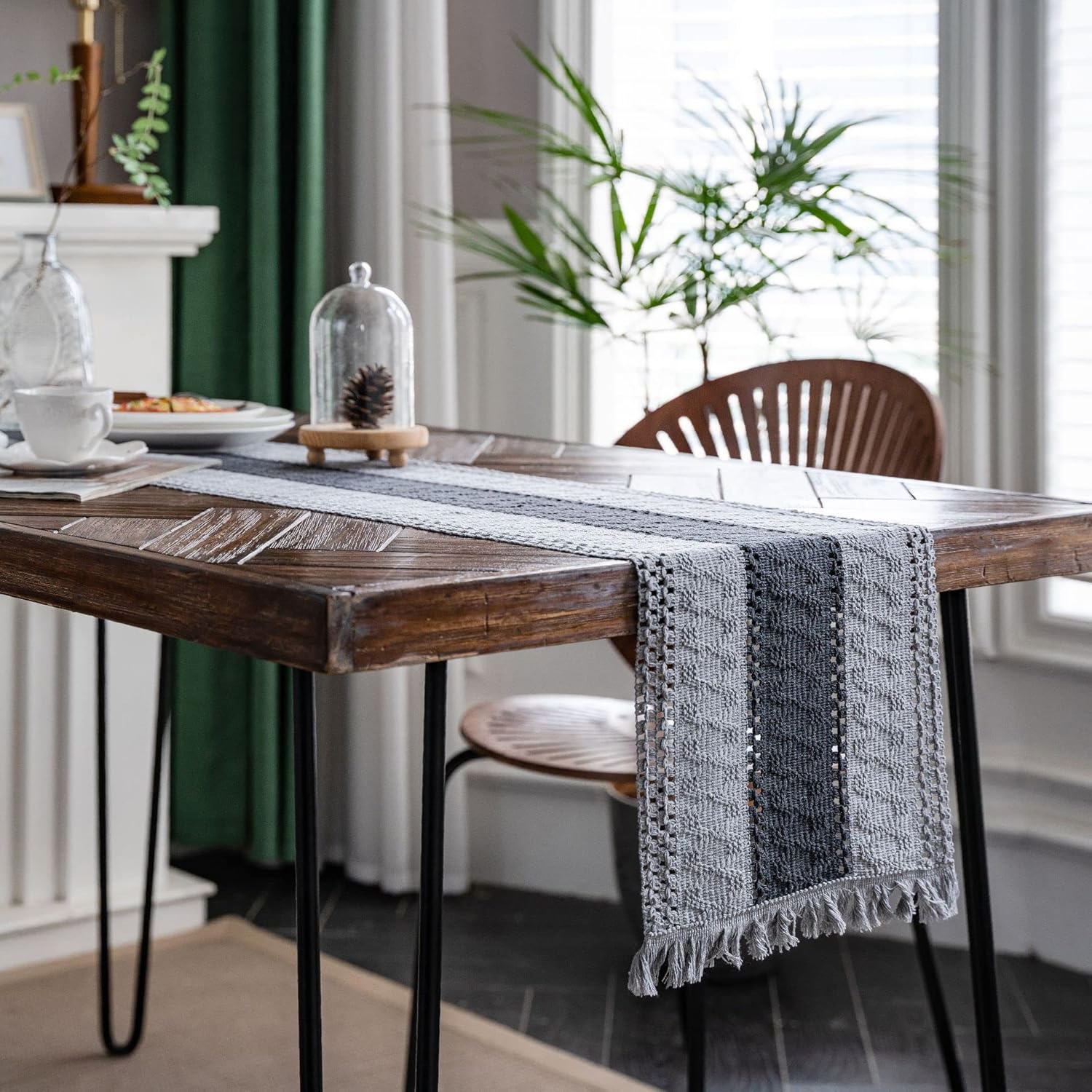 Cozomiz Crochet Linen Table Runner with Tassels 12x46 Grey Stripe