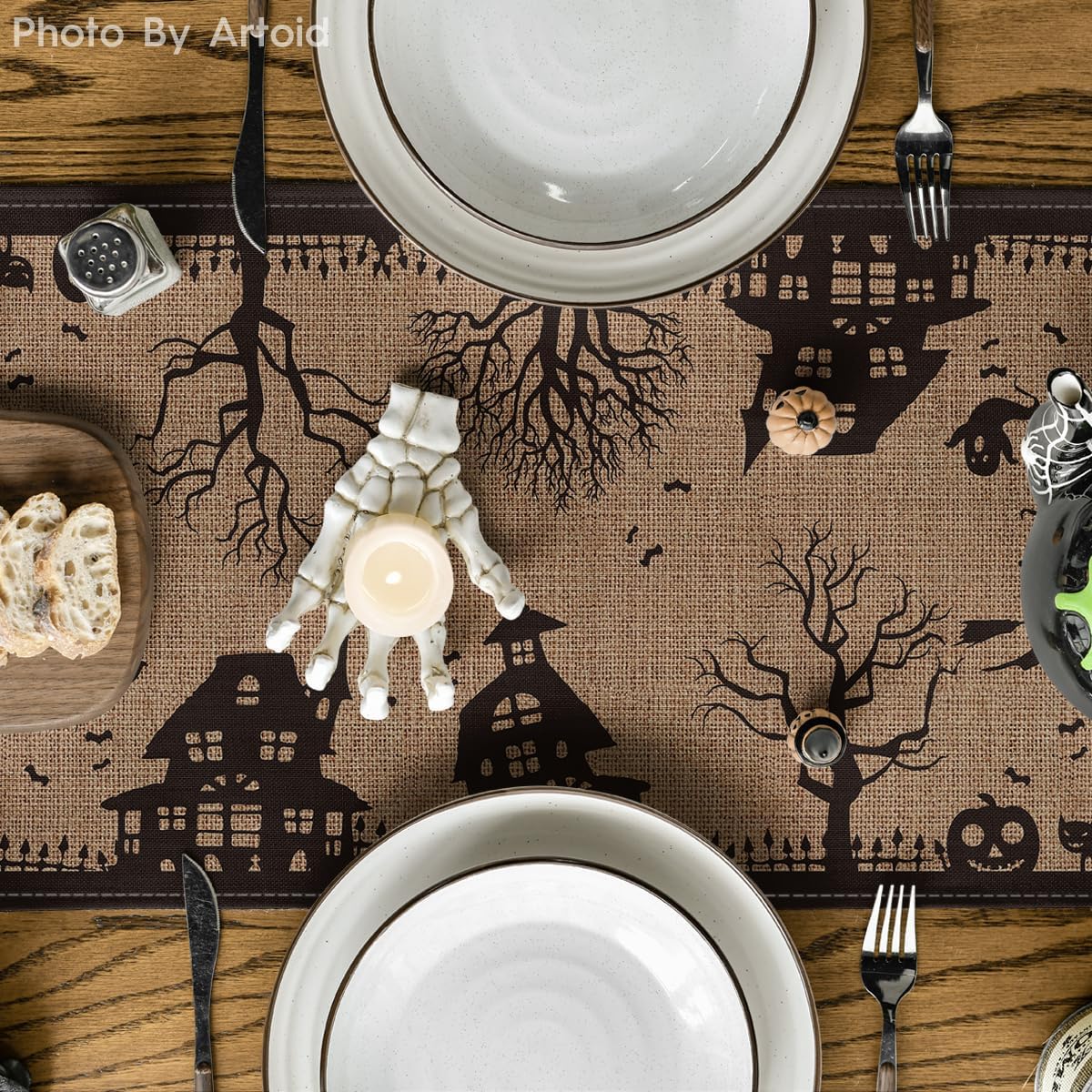 Artoid Mode Black Tan Spooky Haunted House Table Runner 13x72 Inch