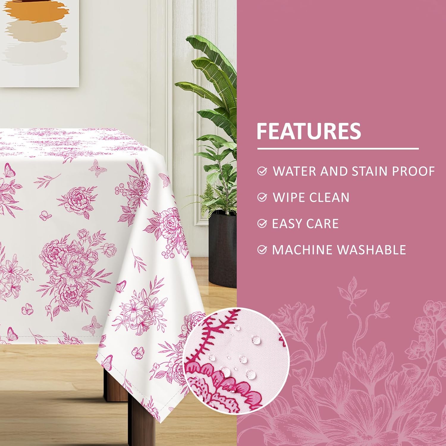 Arquiel Rustic Pink Floral Waterproof Tablecloth 60x120 Inch