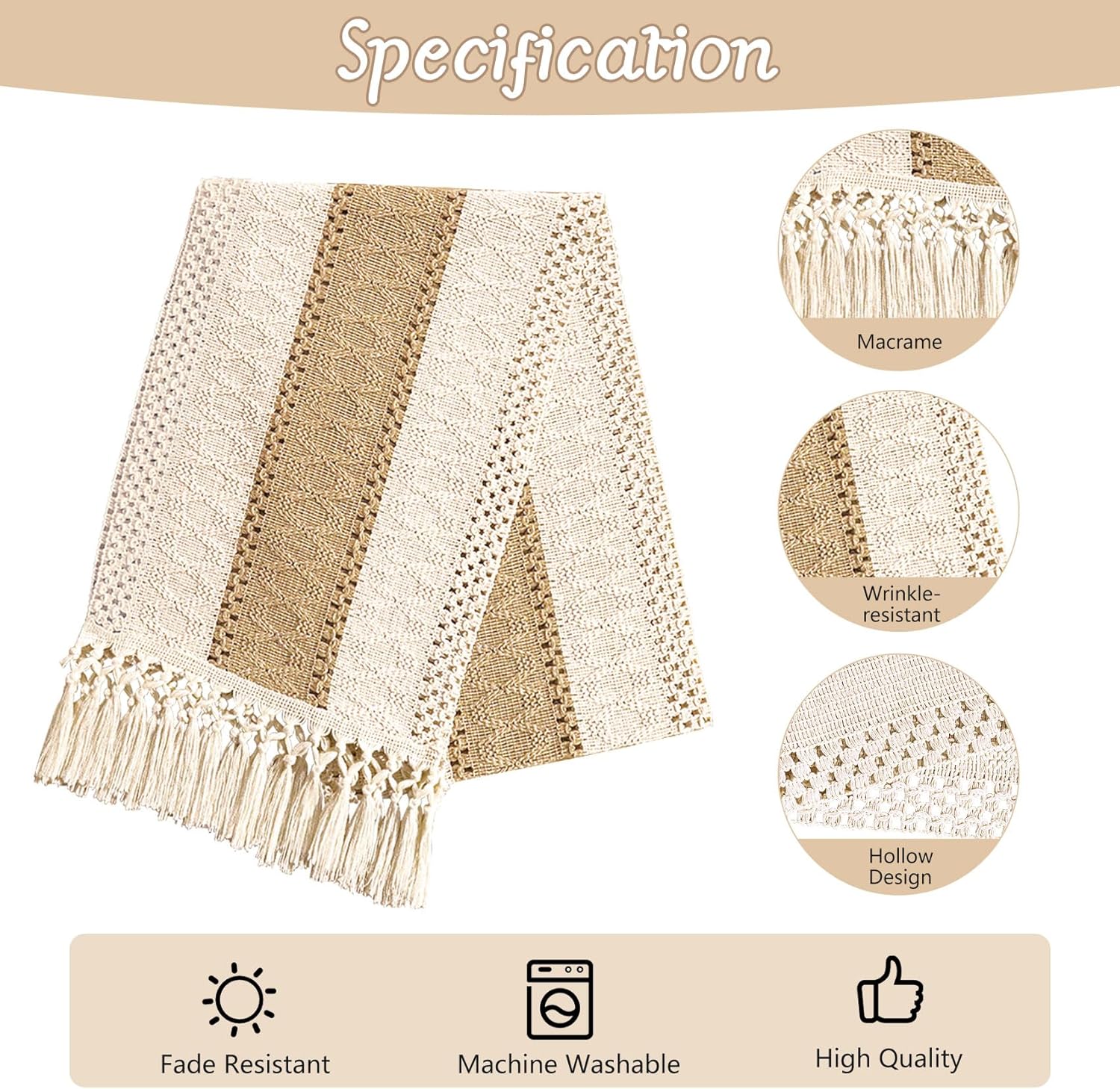 4 Piece Boho Table Runner with Tassels Rustic Farmhouse Decor
